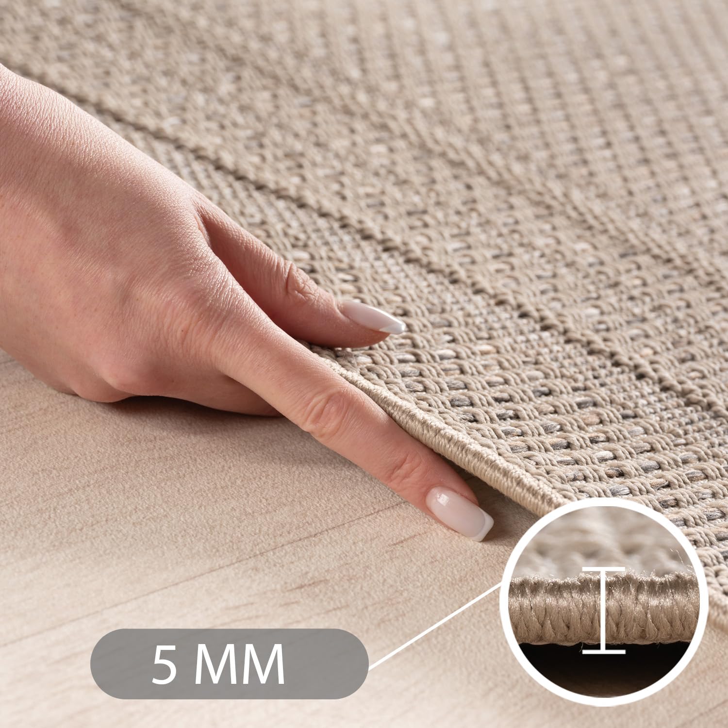 Teppium Tapis d'extérieur Beige 200x290 cm, résistant aux intempéries et aux UV, idéal pour la Cuisine, Le Balcon, la terrasse, Design uni avec Bordure