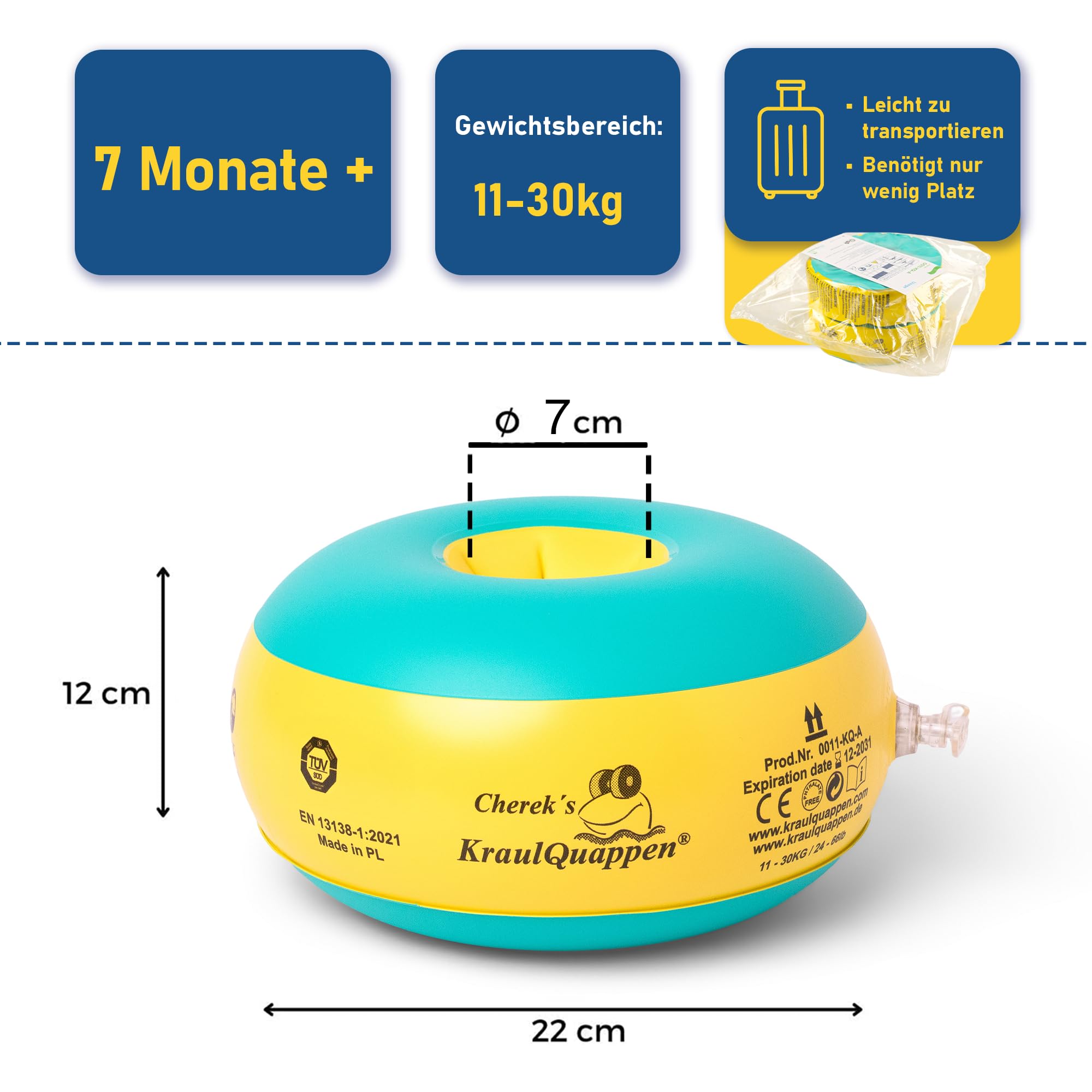 Cherek’s KraulQuappen Schwimmflügel für Anfänger - Schwimmhilfe für Säuglinge & Kleinkinder ab 7 Monat bis 30 kg Gelb-Grün