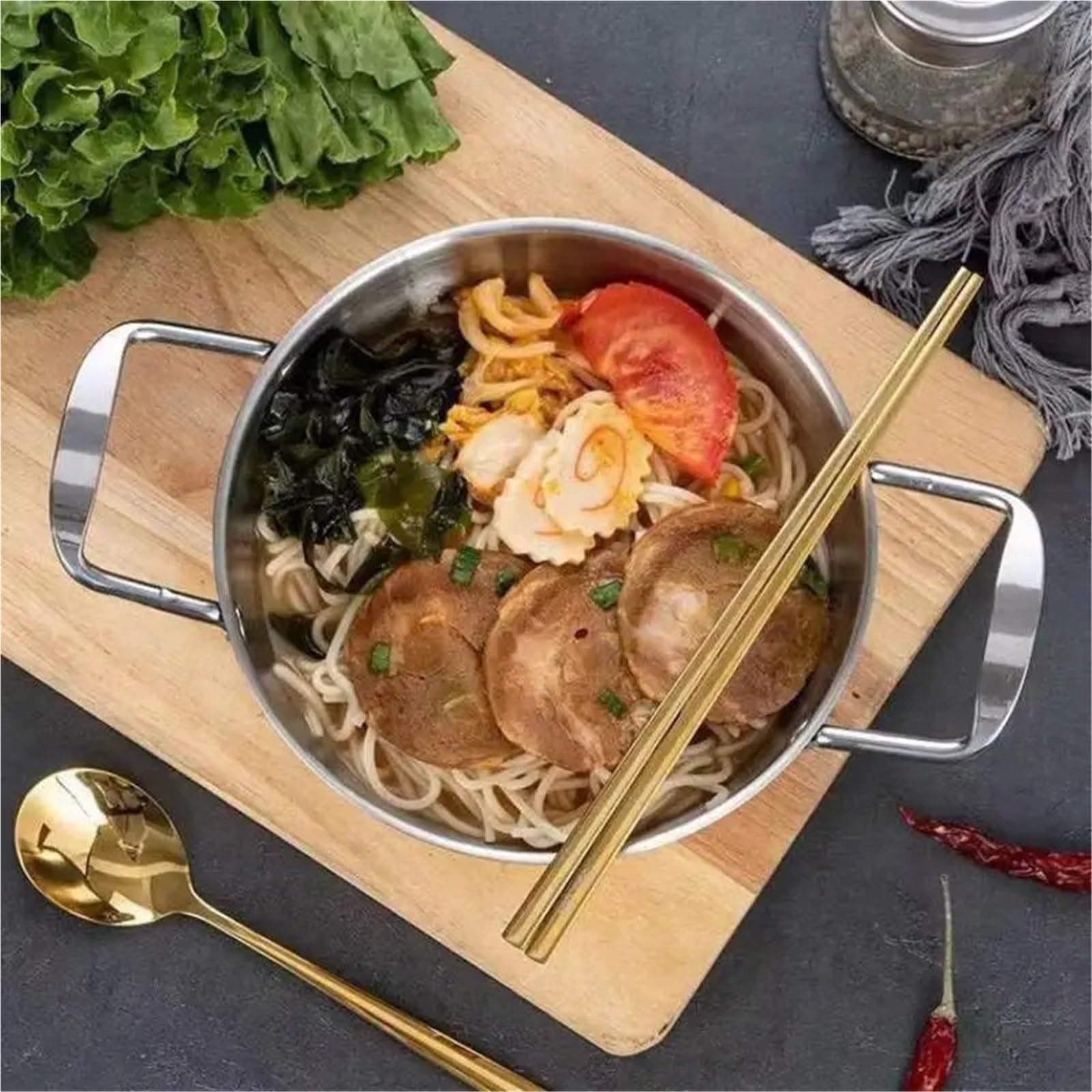 2 Stück kleiner Suppentopf Instant-Nudeln Zweiohr-Edelstahl-Trockennudeln Lamian-Meeresfrüchte für Kochen