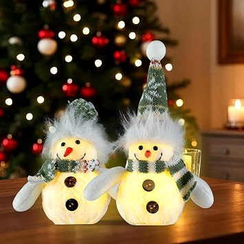 MSQ 2PCS Christmas Table Decorations, Light Up Christmas Plush Snowmen Doll, Lighted Snowman Figurines, Holiday Decor Indoor Home Tabletop Decorations