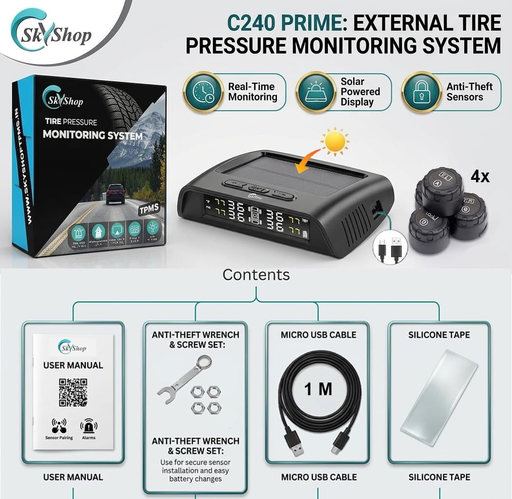 Skyshop® C240 Prime Solar Powered TPMS with Smart Voice Alert | External Wireless Tyre Pressure Monitoring System | Real-Time Precision Sensors for All Cars, Bikes & Scooters — Amazon image 3
