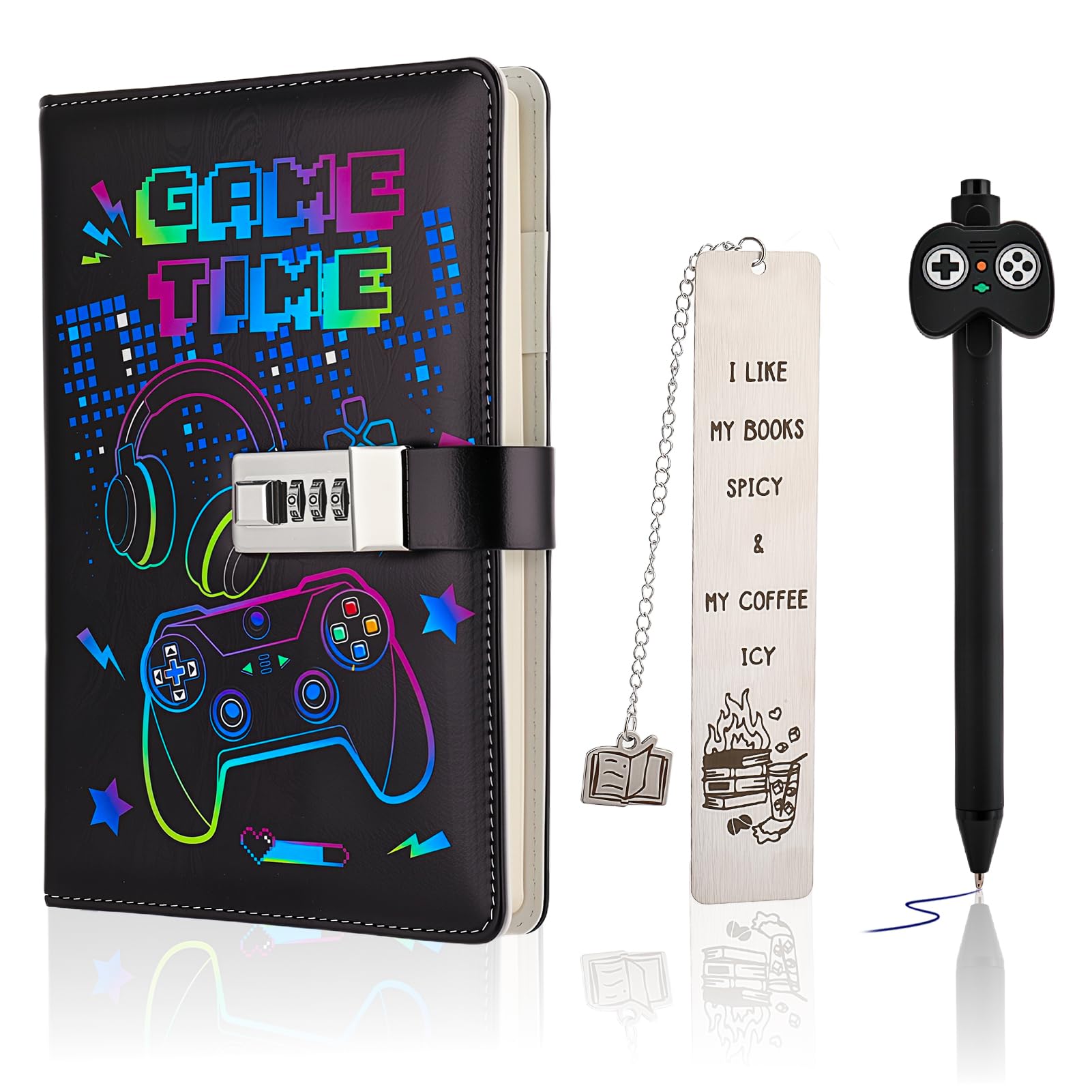 Candcamp Diary with Lock for Boys, Lockable Secret Journal with Password Game Themed Notebook with Pens Bookmark Set Educational Back to School Stationery Birthday Prensent for Kids