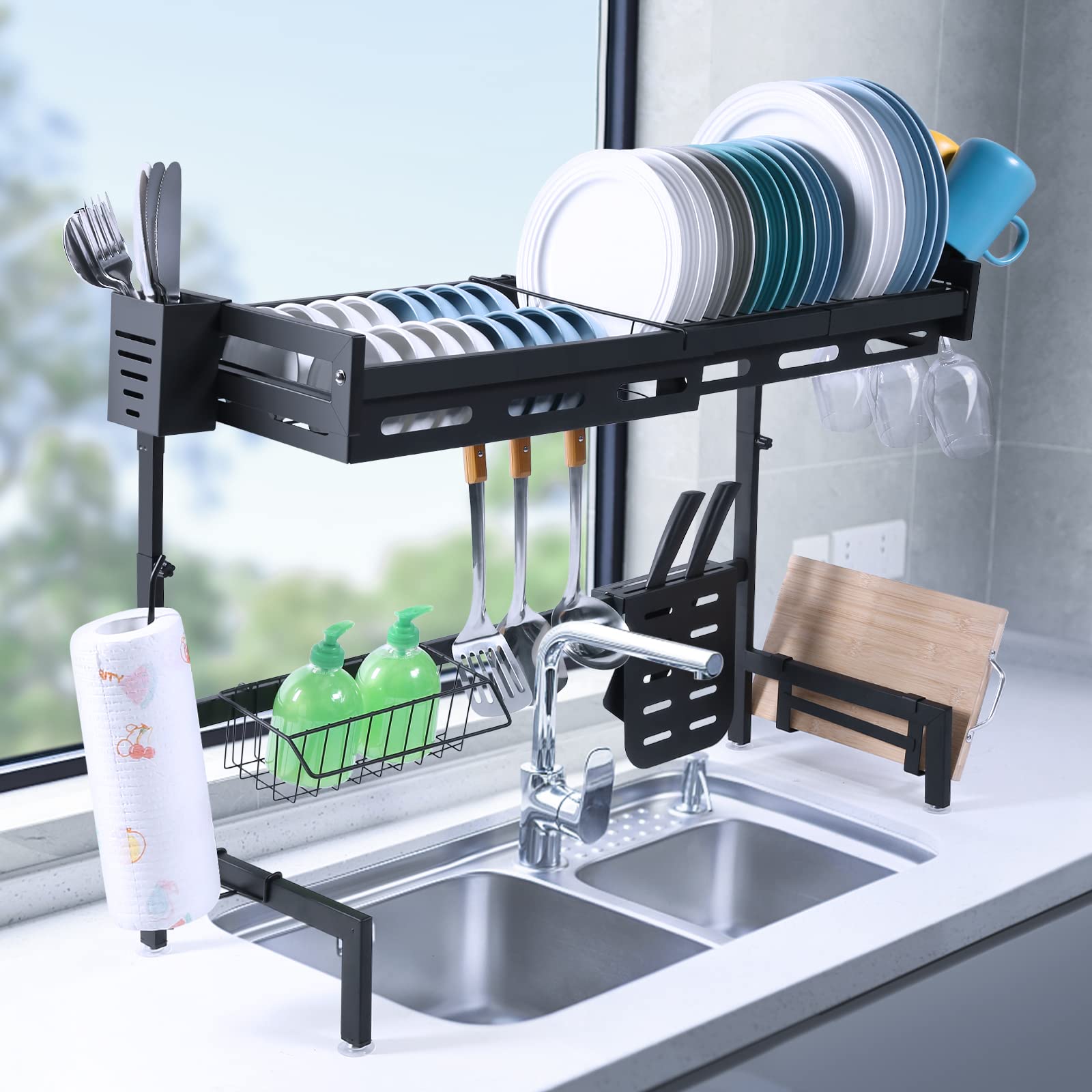 LEPO Over The Sink Dish Drying Rack, 2 Tier Stainless Steel Adjustable Length (25.6-33.5in) & Height(20.5-24.4in) Large Dish Rack Drainer with Utensil Holder for Kitchen Countertop Organizer, Black