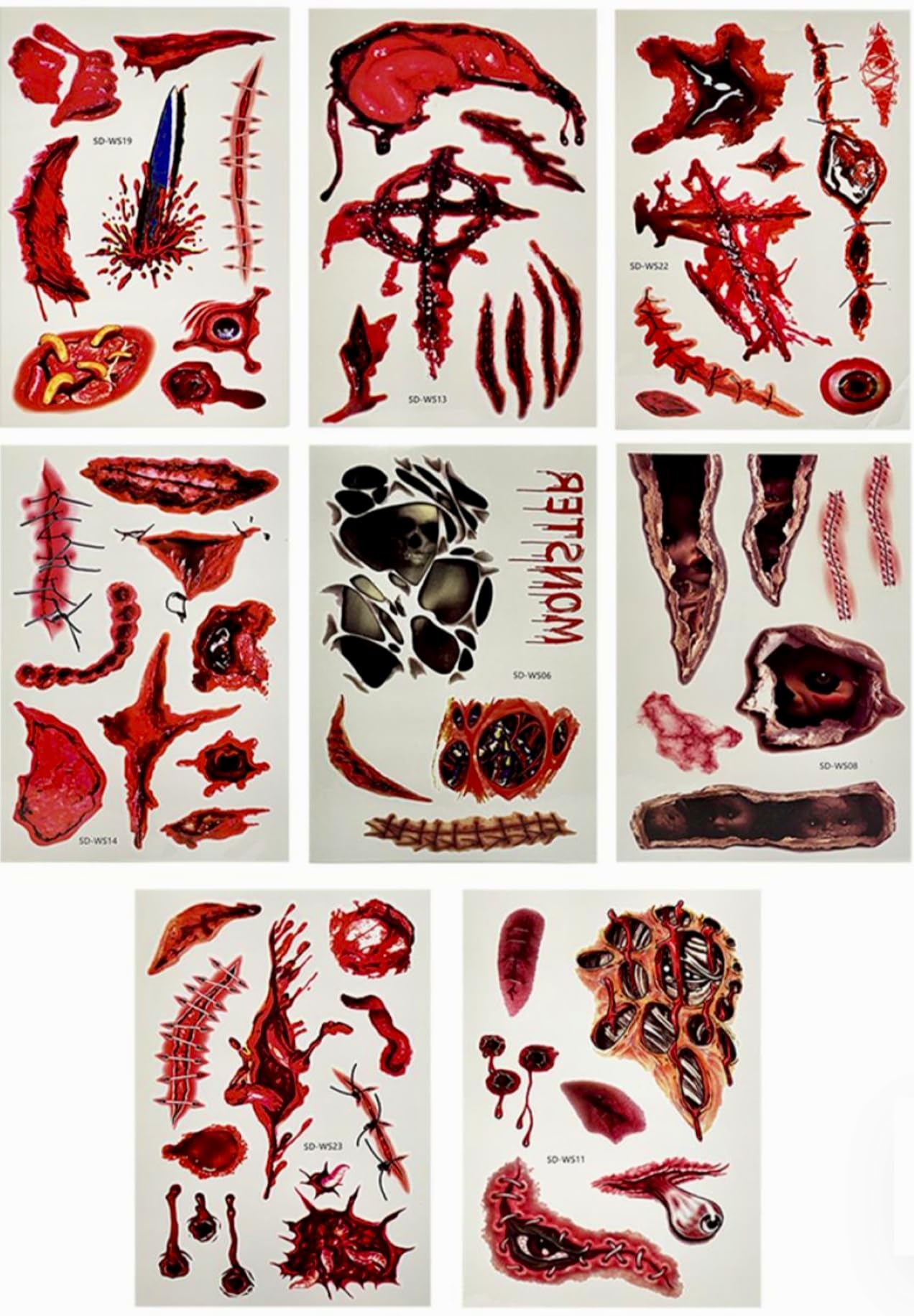 Halloween Horror Temporary Tattoos, Realistic Blood Wound Scars Design,Waterproof Body Art Stickers for Costume Party, Cosplay Makeup (pack of 12 packets) (1 packet contain 25 to 30 tattoos)-image-18
