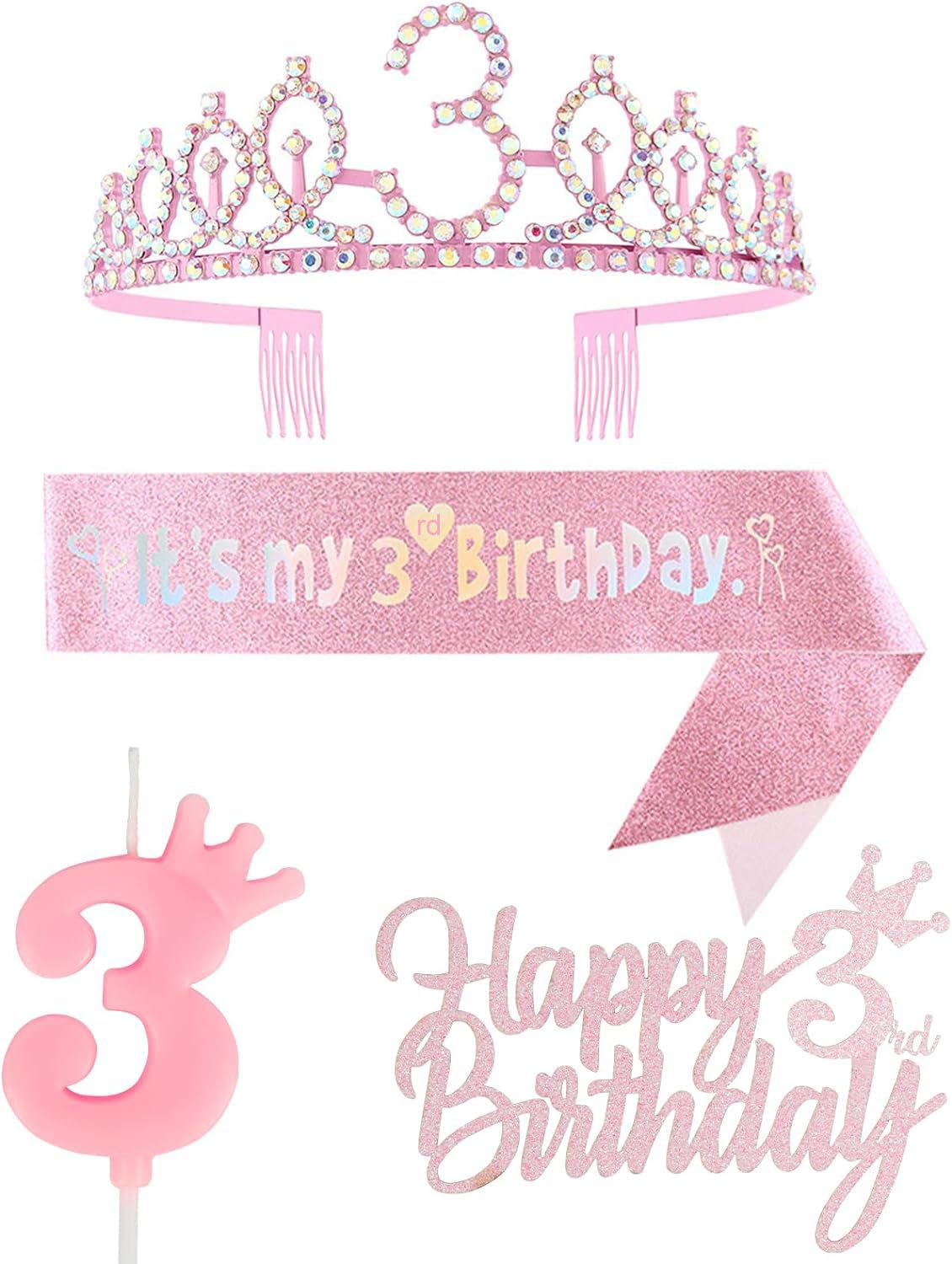 Yiran Pink 3rd Birthday Decorations for Girls, with It's My 3rd Birthday Sash and Tiara Crown, Cake Topper, Birthday 3 Candles, 3rd Birthday Gifts Party Decorations, 3rd Birthday Decoration for Girls
