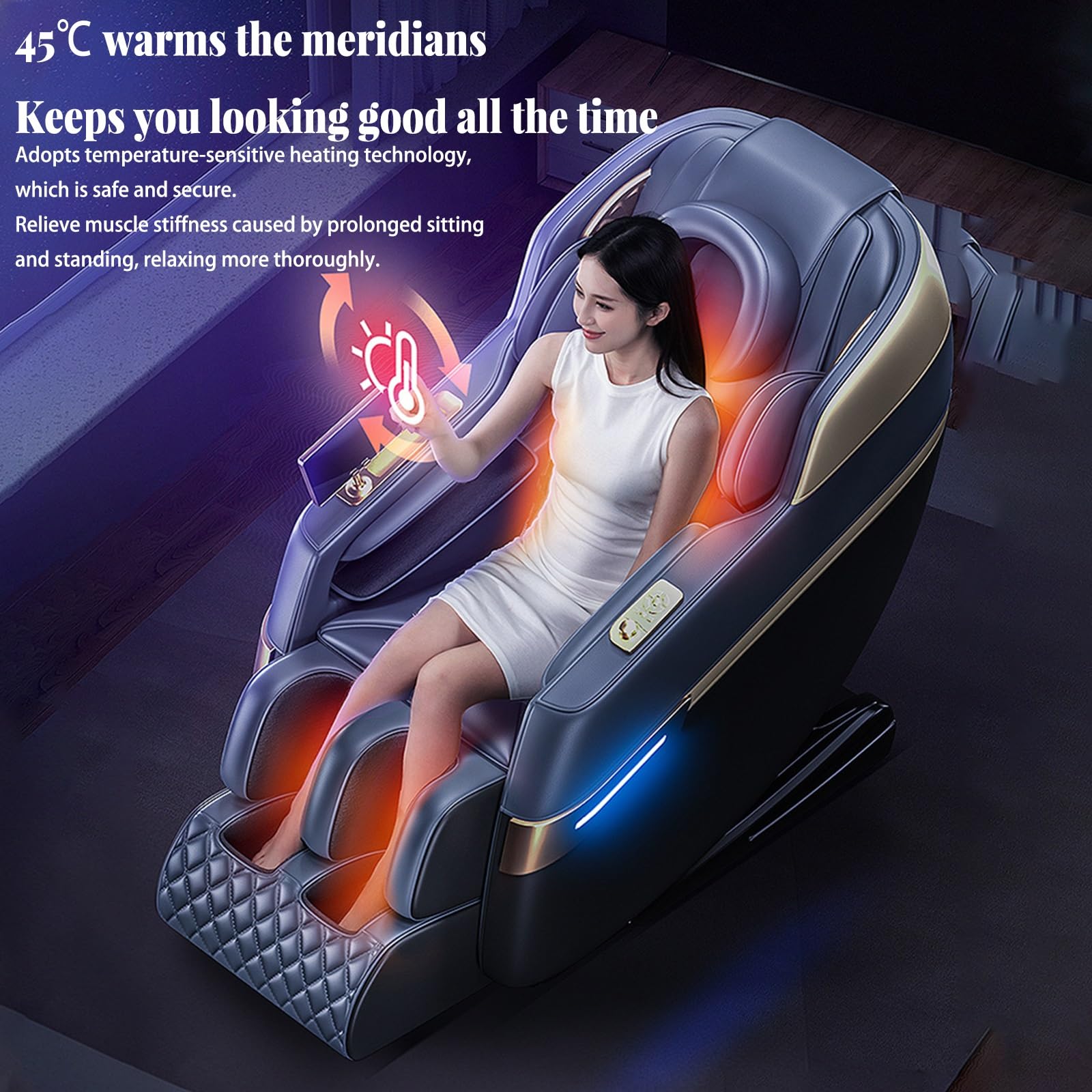 Sillón De Masaje De Gravedad Cero, Movimiento 2D Airbag Y Rodillo para Pies 6 Programas Automáticos Calefacción De Cintura Sillón De Masaje De Lujo para El Hogar(Noir)