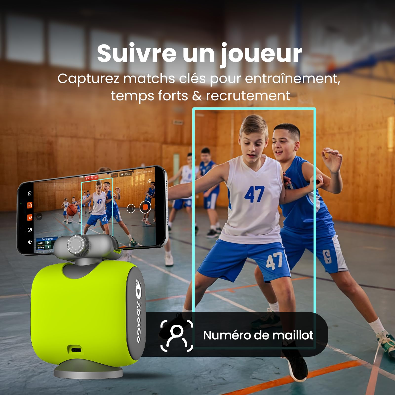 XbotGo Chameleon Caméra d'action Sport 4K 60FPS - SuiviFootball & Enregistrement Basket pour Sports Collectifs, Diffusion Live, Installation Facile, Compatible iOS & Android (Graphite Lave)