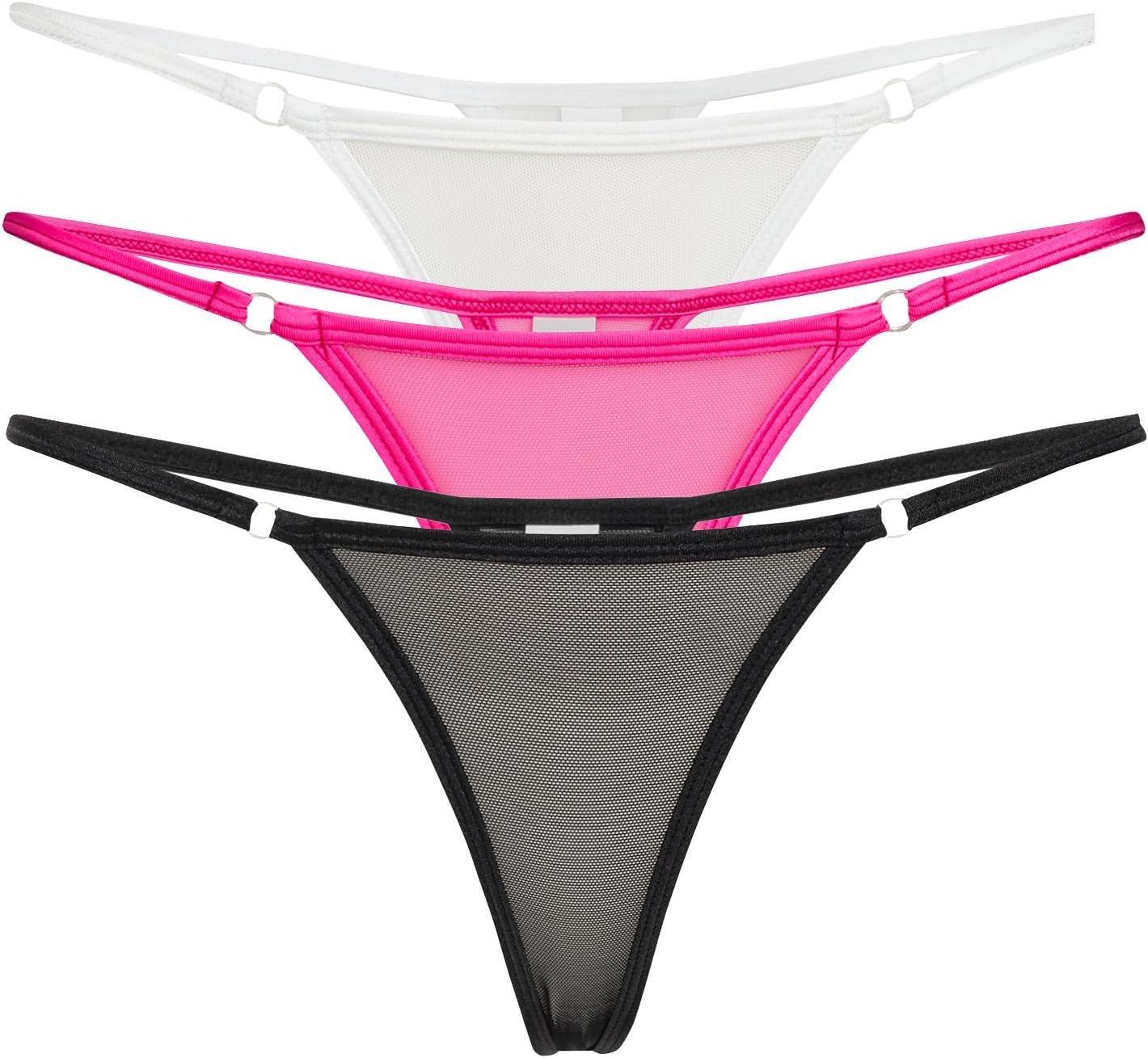 Annsfashion Set of 3 nylon mini thongs, 1 x white, 1 x pink, 1 x black.