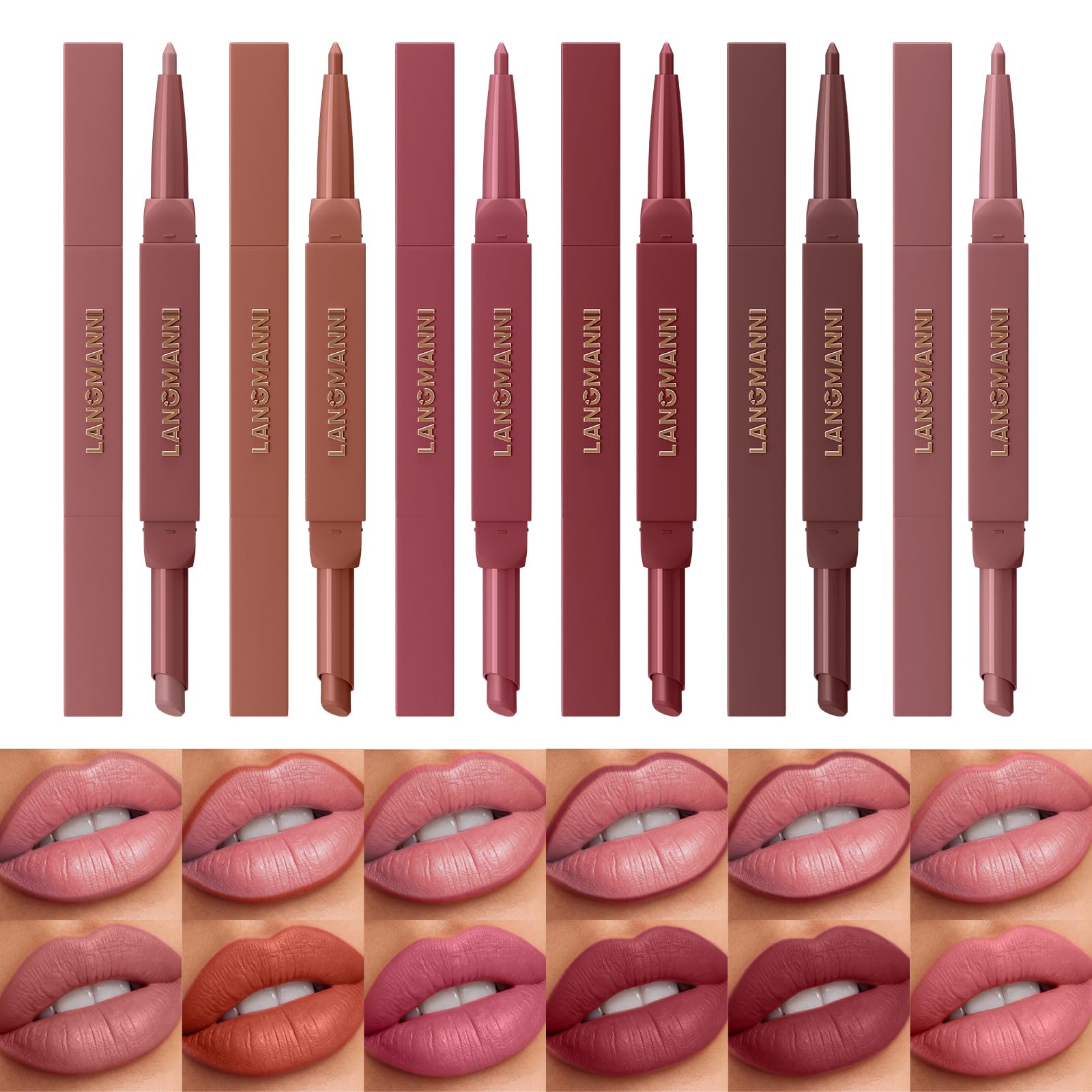 LANGMANNI 2-in-1 Lipstick & Lip Liner Set,6 Colors Gift Set|Angled Lipstick+Matching Lipliner Pencil|Velvet Matte Finish,Long-Lasting & Smudge-Resistant|All-in-One Lip Makeup Kit for Women(#A) #A 1 Count (Pack of 6)