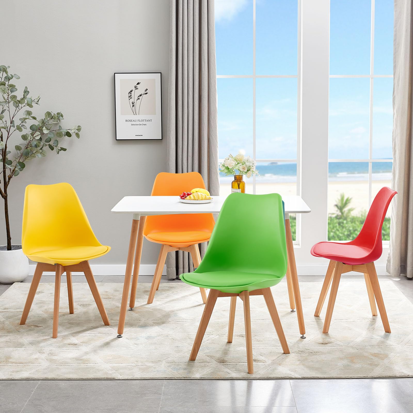 Ensemble de salle à manger avec 4 chaises, 4 chaises rectangulaires pour salon, cuisine, bureau (table blanche + chaise rouge, jaune, vert et orange)