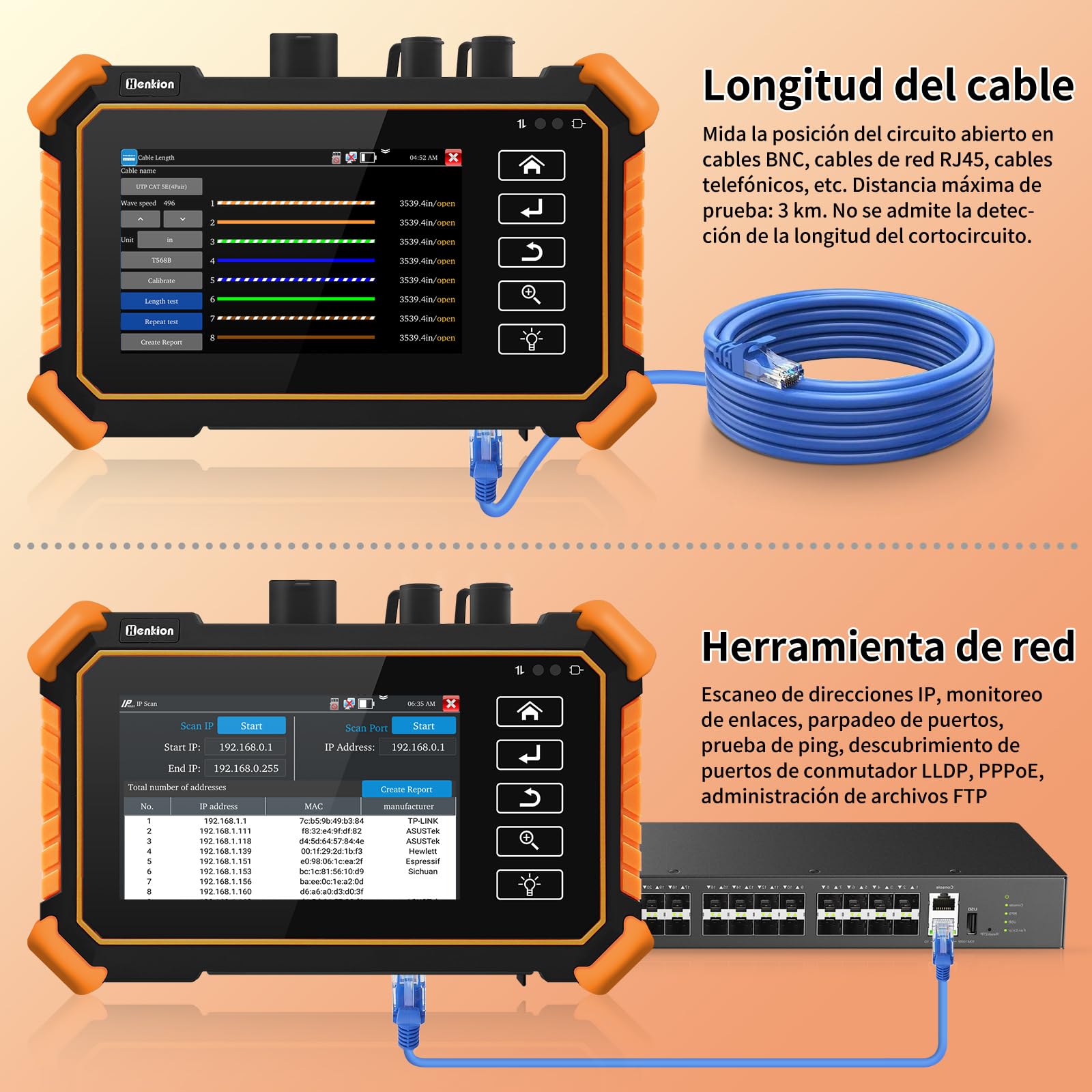 Henkion OTDR Fiber Optic Tester 1550nm 26/24dB, comprobador de fibra óptica compatible con OPM, LS, OLS, VFL, tarjeta de eventos, UTP/RJ45 TDR prueba de cable/comprobador de cable de longitud