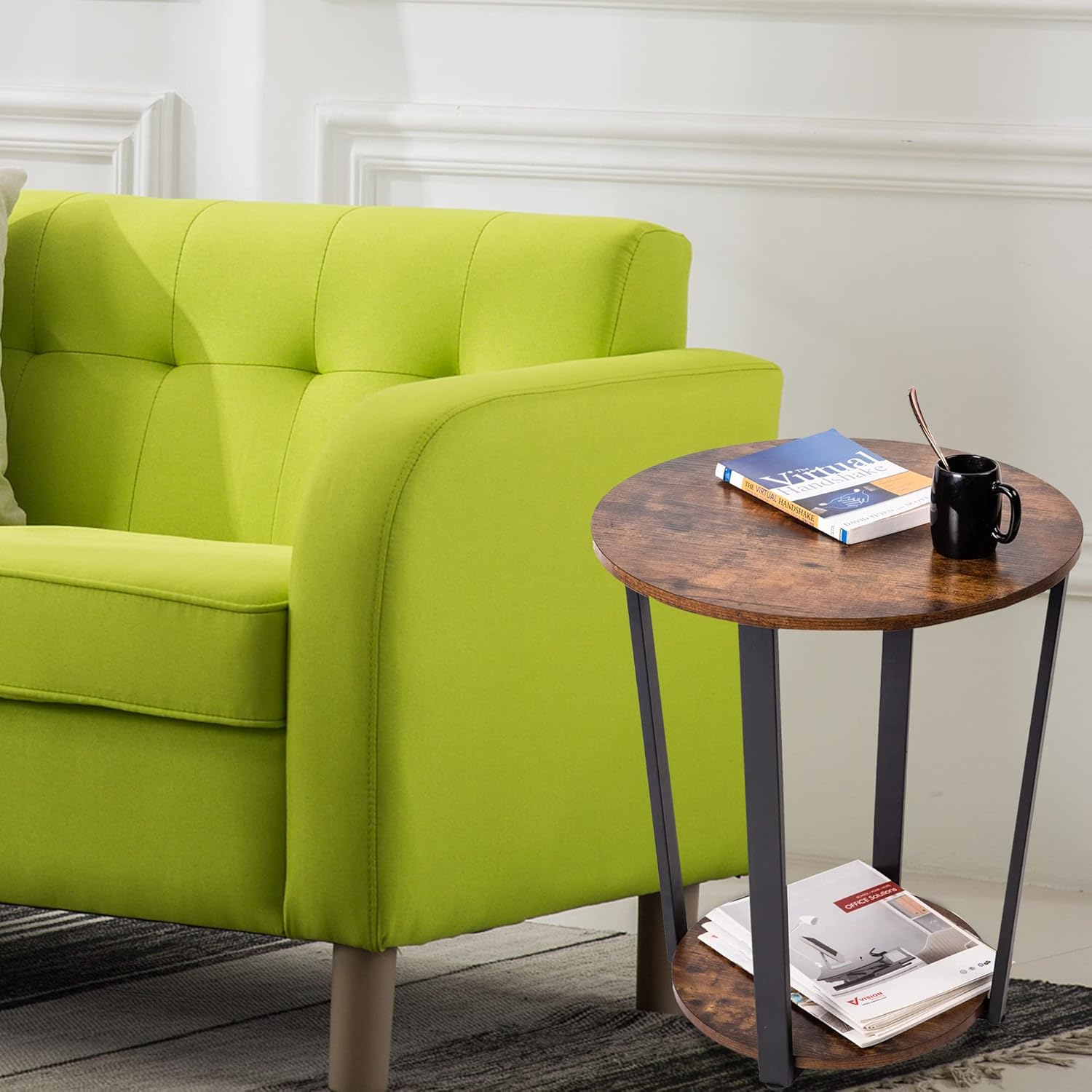 Vintage End Table Sofa Side Table, 2Tier Industrial Round