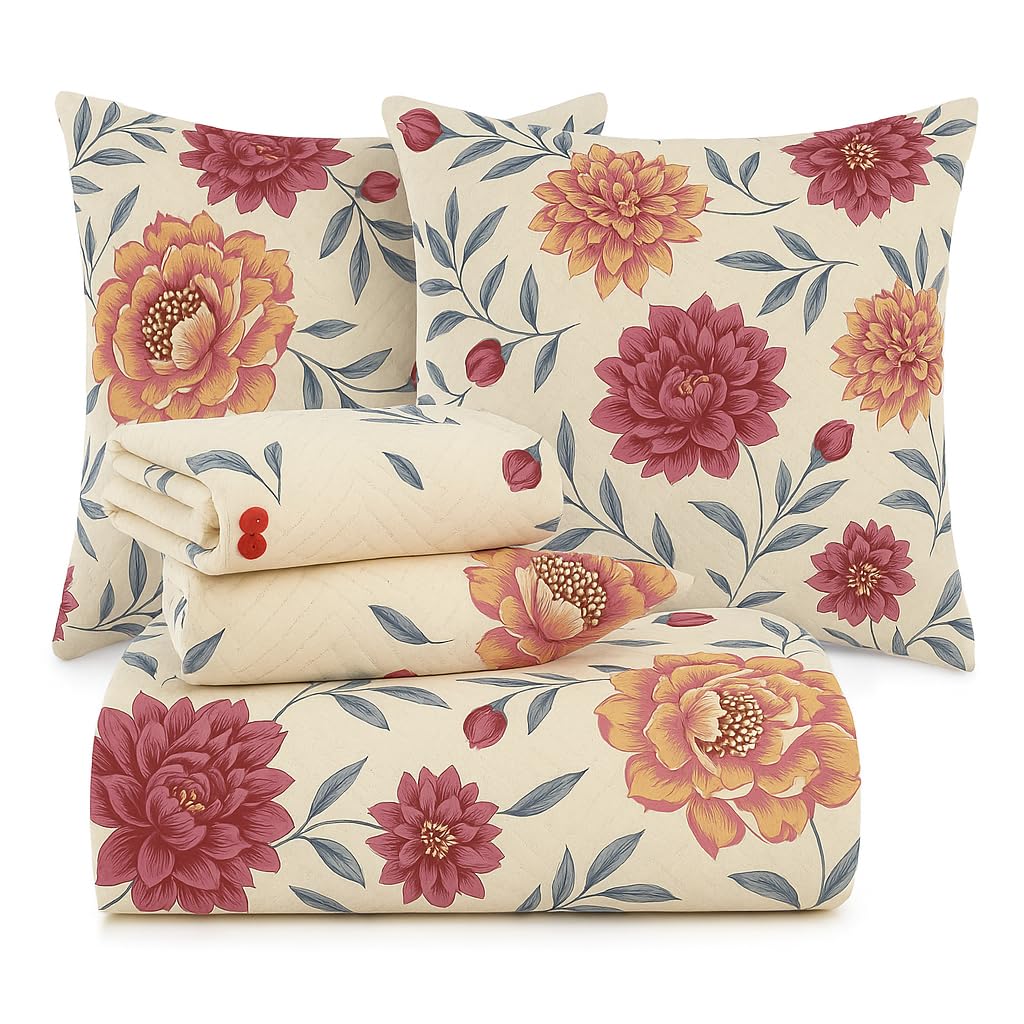BSB HOME 220 TC 5 Piece Bedding Set with 1 Pc Bedsheet, 2 Pc Quilted Cushion with Zip, 2 Pc Pillow Covers - Heavy Glace Cotton Colour- Beige and Pink (90X 100 Inches)