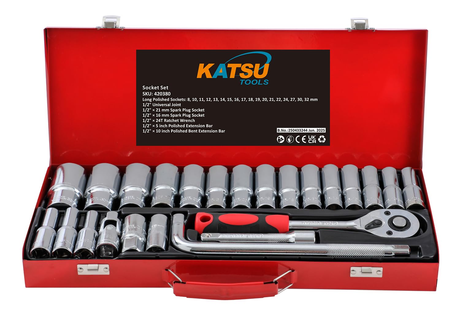 KATSU Tools Juego de Vasos Profundos de 1/2" 24 Piezas - CR-V, Métrico 8-32mm, Llave de Carraca de 24 Dientes, Herramienta de Mecánica para Bricolaje y Reparación de Coches