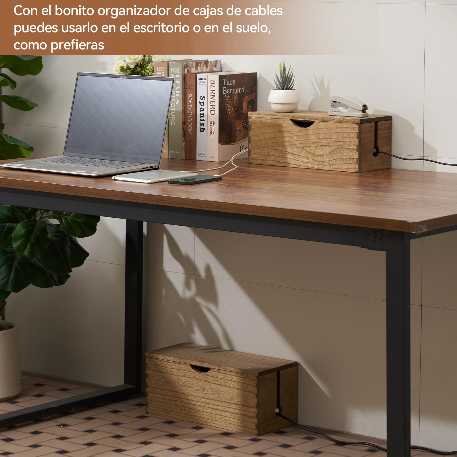 KIRIGEN Caja de Cables de Madera Maciza, Juego de 2 Caja de Cables Grande para enchufes, Cargadores y Almacenamiento de Cables, organización de routers Amarillo-marrón