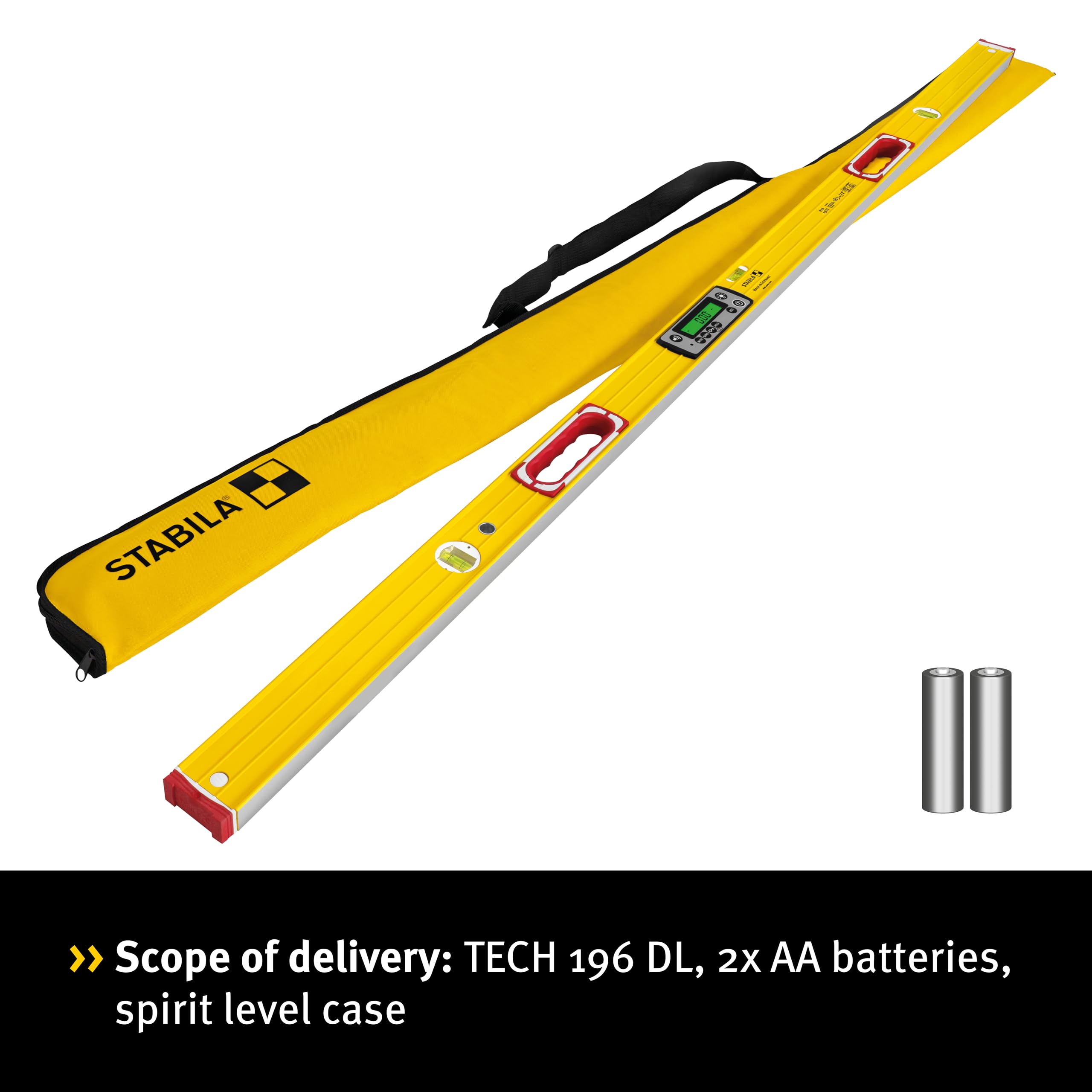 STABILA TECH 196 DL - Nivel de burbuja digital (resistente al agua y al polvo, IP67, 2 pantallas digitales, sin calibración, con bolsa, 183 cm)