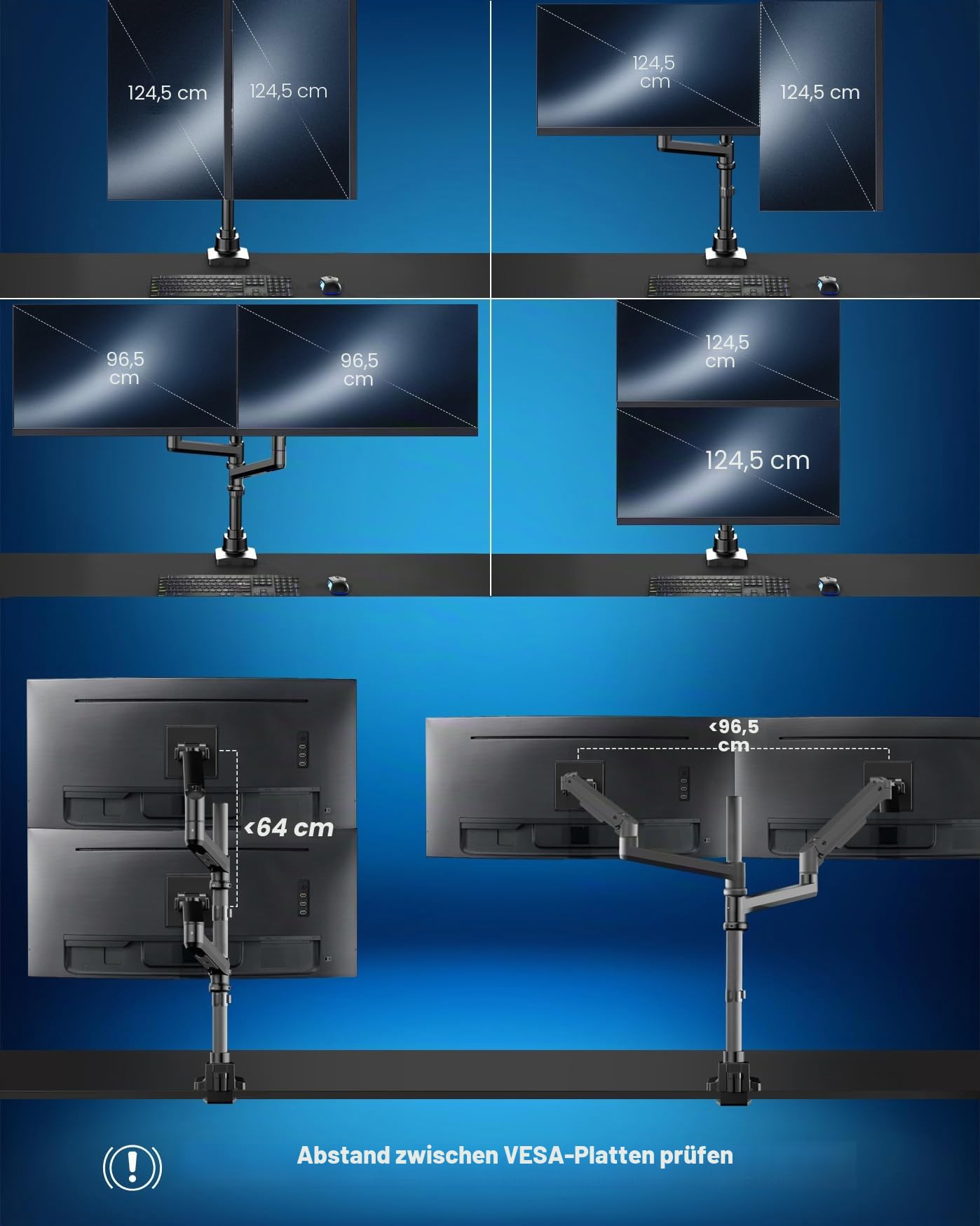 VIVO Pneumatischer Arm, Dual-Ultrawide-Monitor, extra hohe Schreibtischhalterung für Bildschirme bis 49 Zoll, robuste Klemme, hält 2 Ultrawide-Bildschirme bis zu 20 kg, Schwarz, STAND-V120K