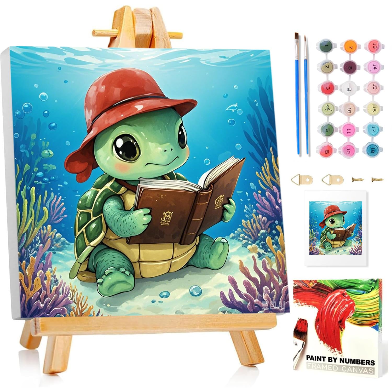 Malen Nach Zahlen Kinder mit Rahmen, Meeresschildkröten Malen nach zahlen kinder ab 5 6 7 8 9 10 Jahre, Malset mit Rahmen, Pinsel und Acrylfarben, Geschenk für Mädchen und Jungen, mit Glitzer 20x20cm