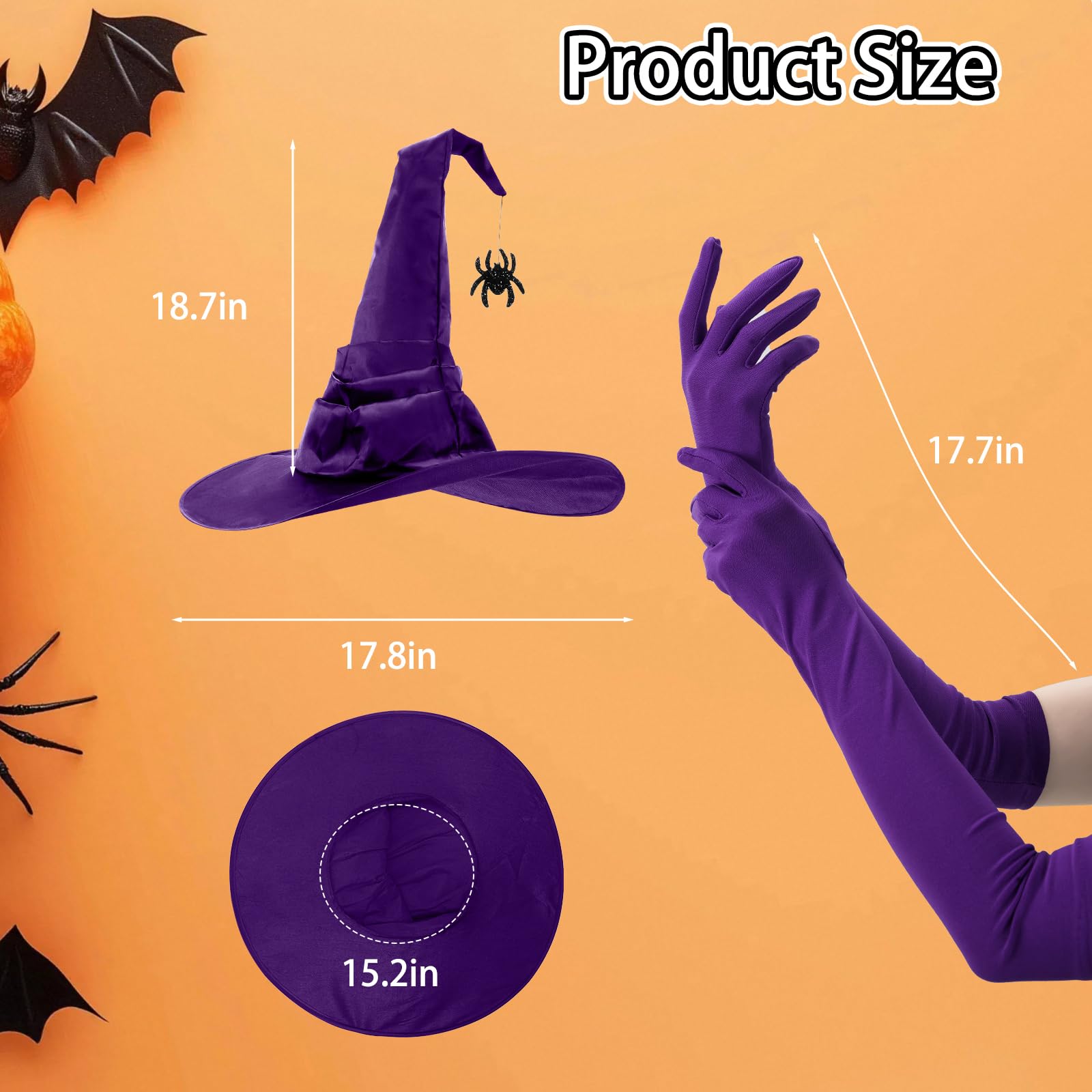 HSSPYY Witch Hat & Long Gloves Set for Women, Satin Foldable Witch Hat with Spider Charm & 45cm Stretch Gloves - Image 3