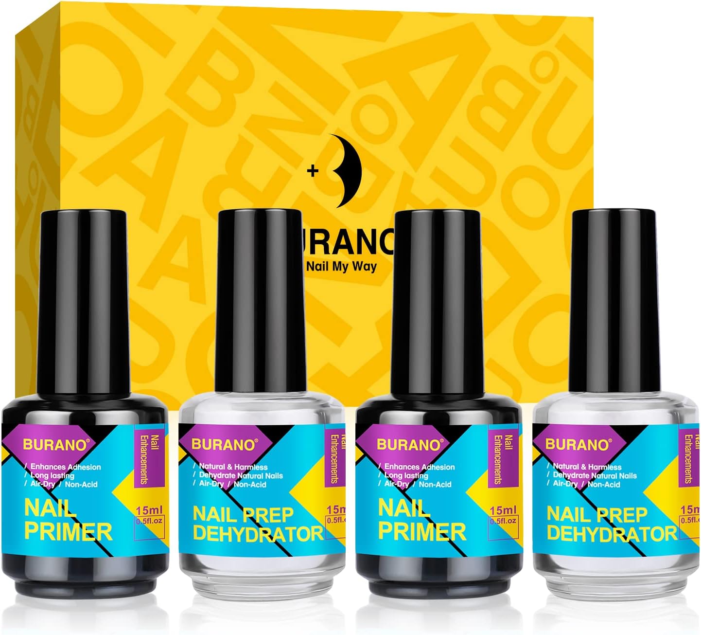 BURANO Las uñas naturales de brano preparan deshidratadores y imprimaciones, adecuadas para pulidos de uñas acrílicas y geles(4 botellas de 0,5 onzas)