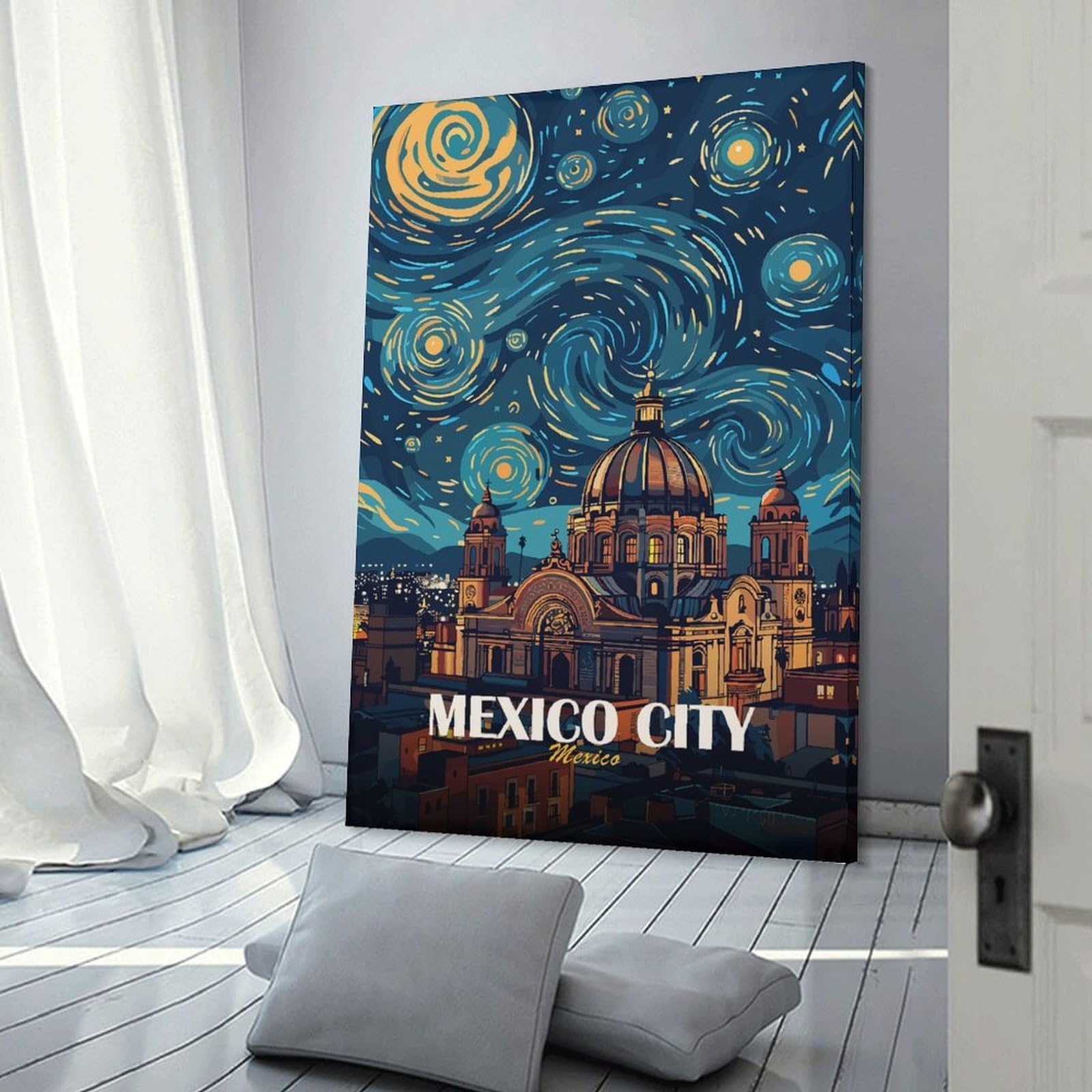 Junmoney Mexico City Starry Night Art Hanging Wall Art, 24x36inch(60x90cm), for Home Walls, Creative Rooms Or Shared Spaces, A Flexible Wall Accent for Shared Spaces