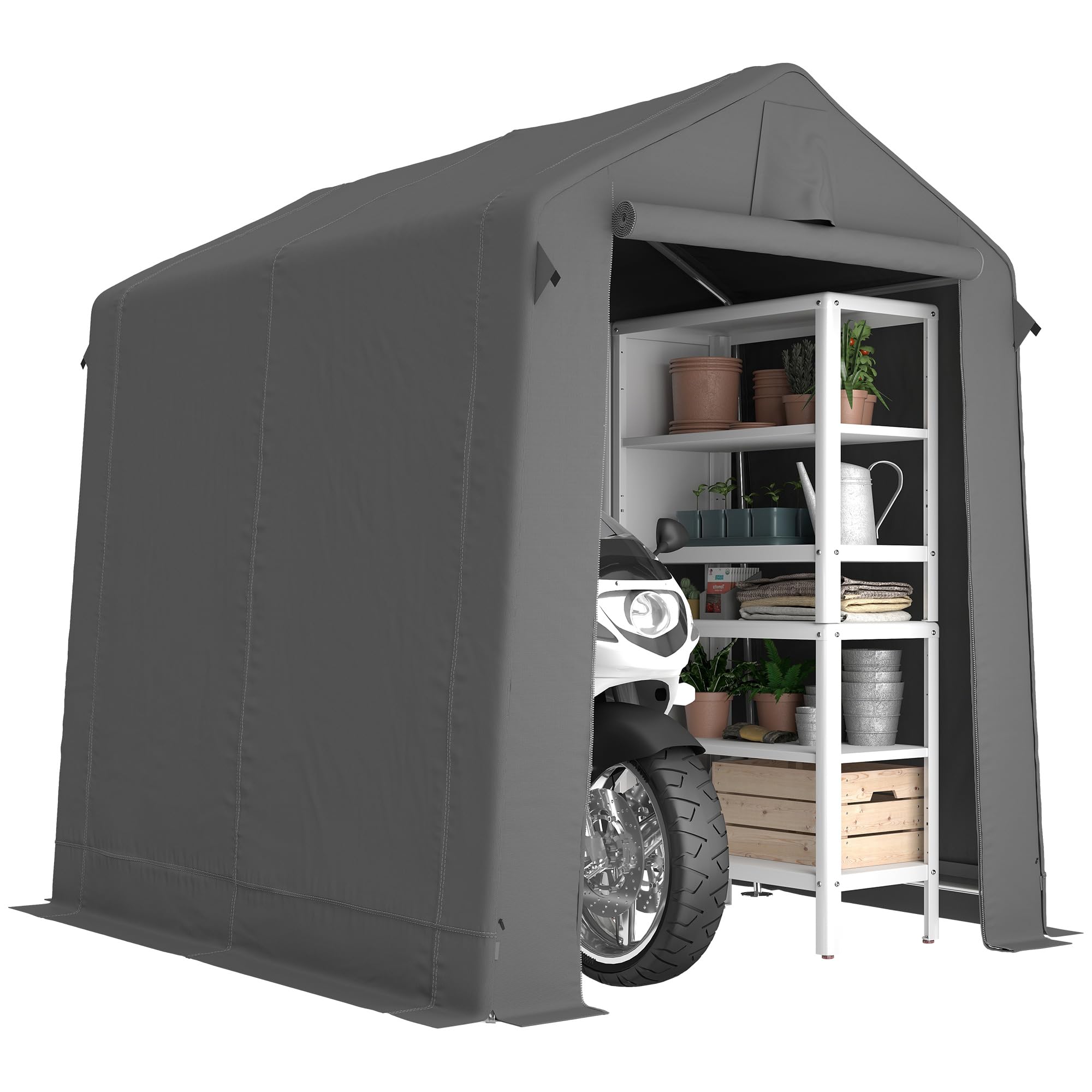 Outsunny Garagenzelt 2,3 x 1,9 m Wasserabweisend mit Belüftung Dunkelgrau | Rollbar Reißverschlusstür, Satteldach, UV-beständig, Gerätezelt, Zeltgarage, Unterstand Lagerzelt für Gartengeräte, Motorrad