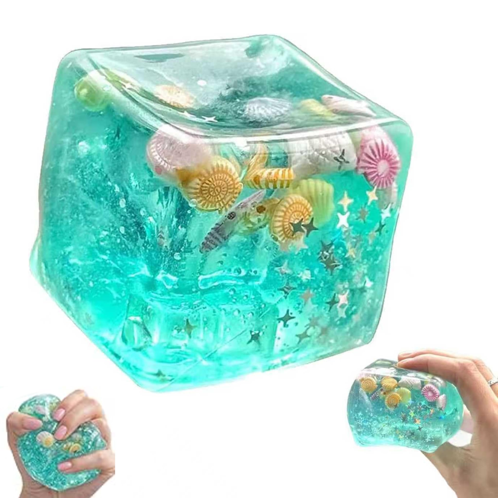 Ice Cube Stress Ball Fidget Toy, Slow Rise Squishy Cube with Ocean Shells Inside, Squishy Gel Filled Sensory Stress Relief Toy for Adults Teens Classroom Prizes (1PCS)