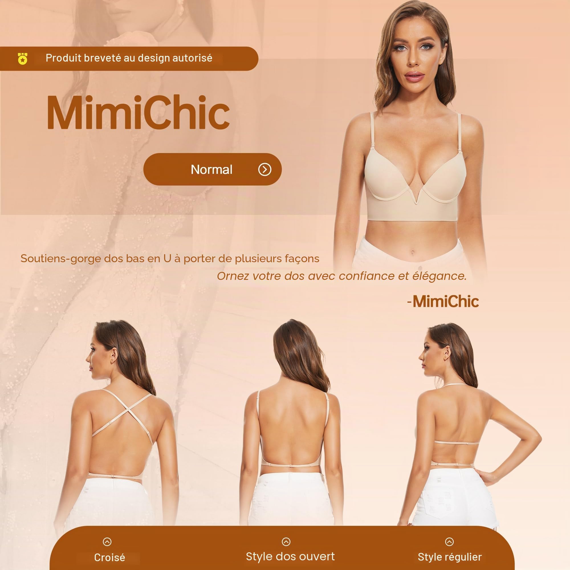 Soutien Gorge Dos Nu-Invisible V Profond Multiples et Transparent Convertibles Soutien Gorge sans Coutures à Léger Rembourrage