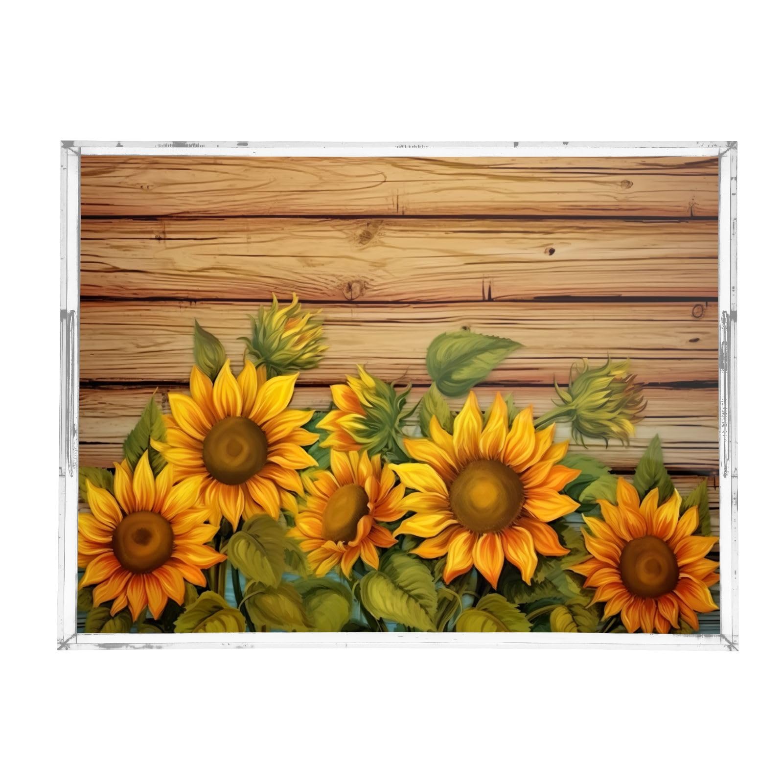 Nesatuwa Wood Grain Sunflower Acrylic Serving Tray with Handles,Clear Serving Tray Decorative Tray Organiser for Ottoman, Kitchen, Bedroom Decorative Tray 12x16 Inches