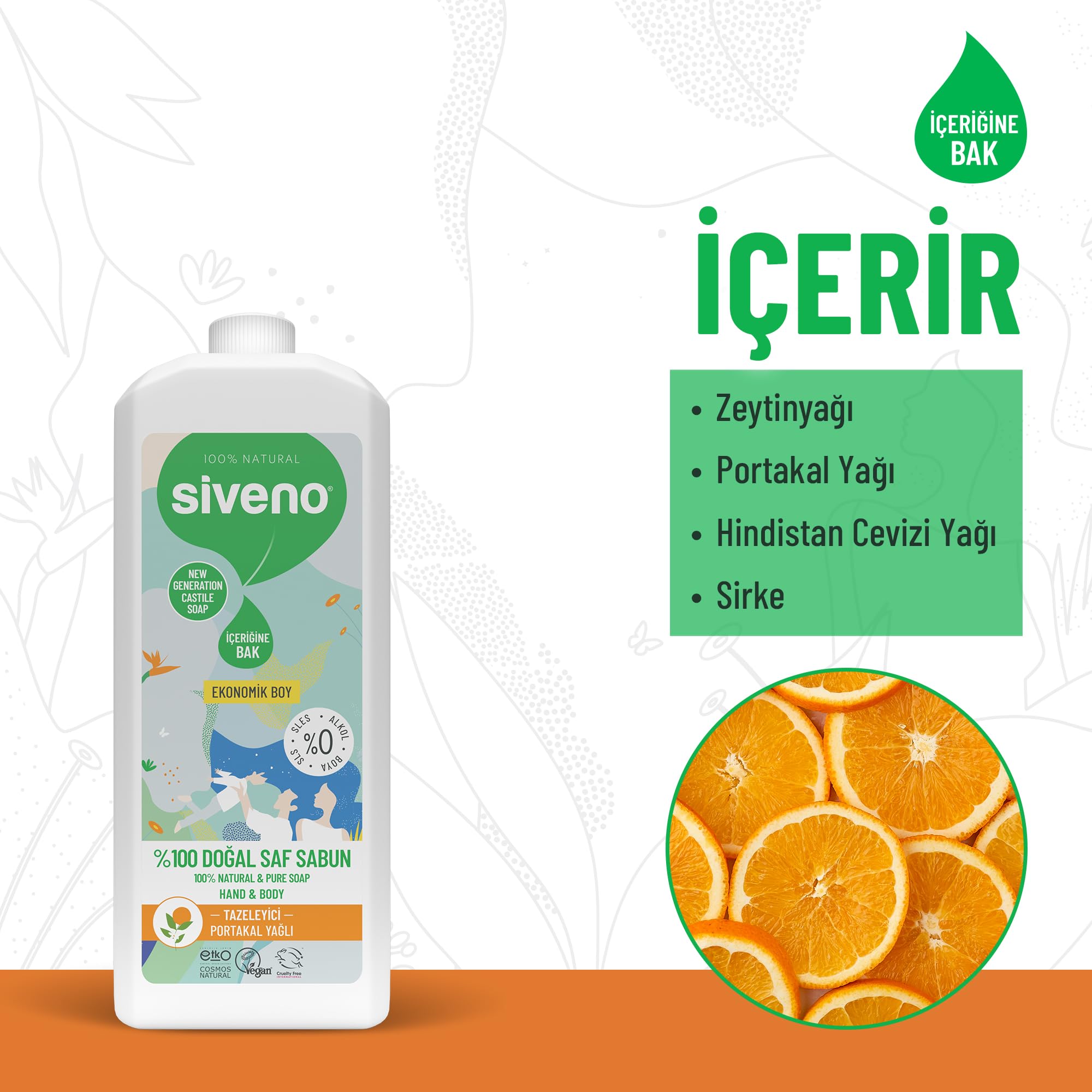 Siveno %100 Doğal Sıvı Kastil Sabun Portakal Yağlı Yoğun Nemlendirici Arındırıcı Bitkisel Vegan 1000 ml