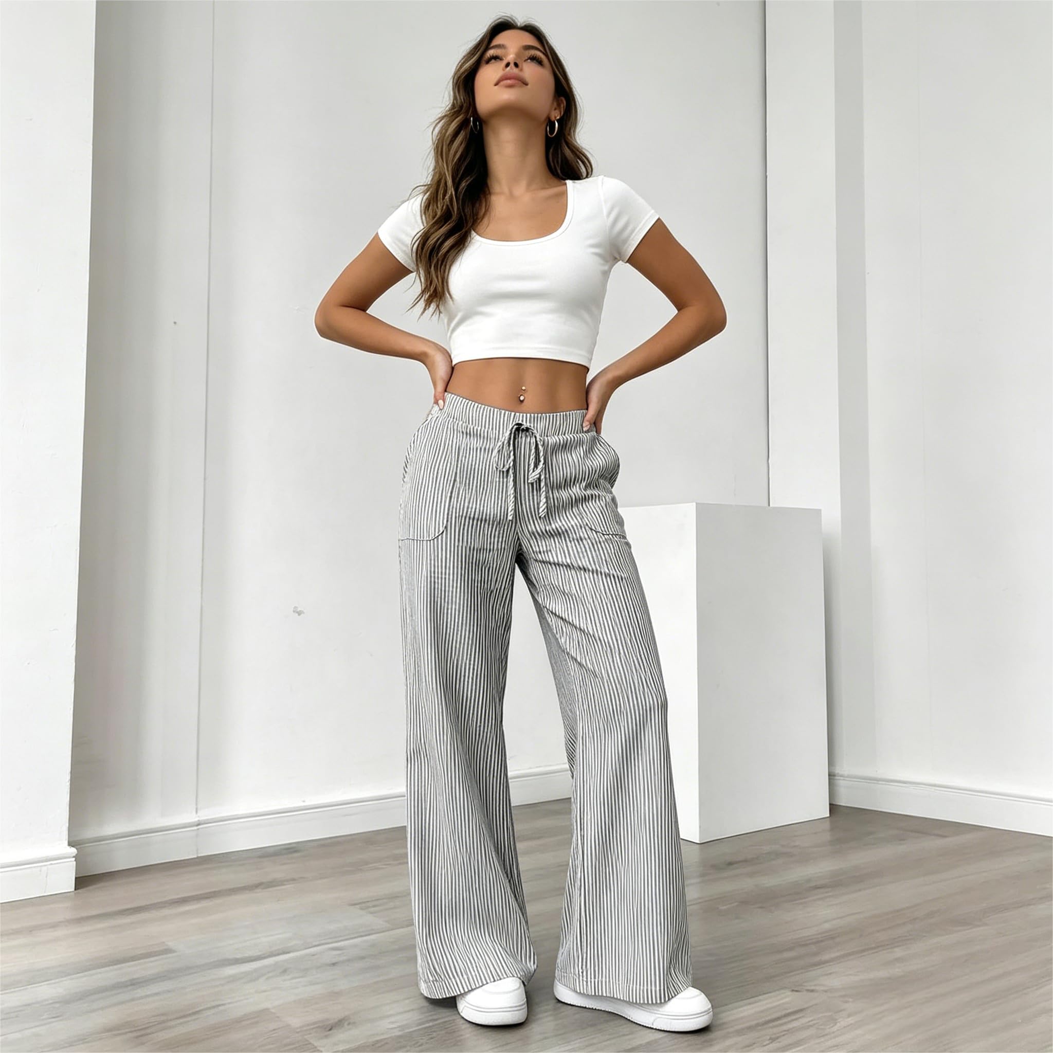 Sommerhose Damen Leicht Gestreift Palazzo Hose Lang Weites Bein Freizeithose Elastische Taille Lounge Hose mit Taschen