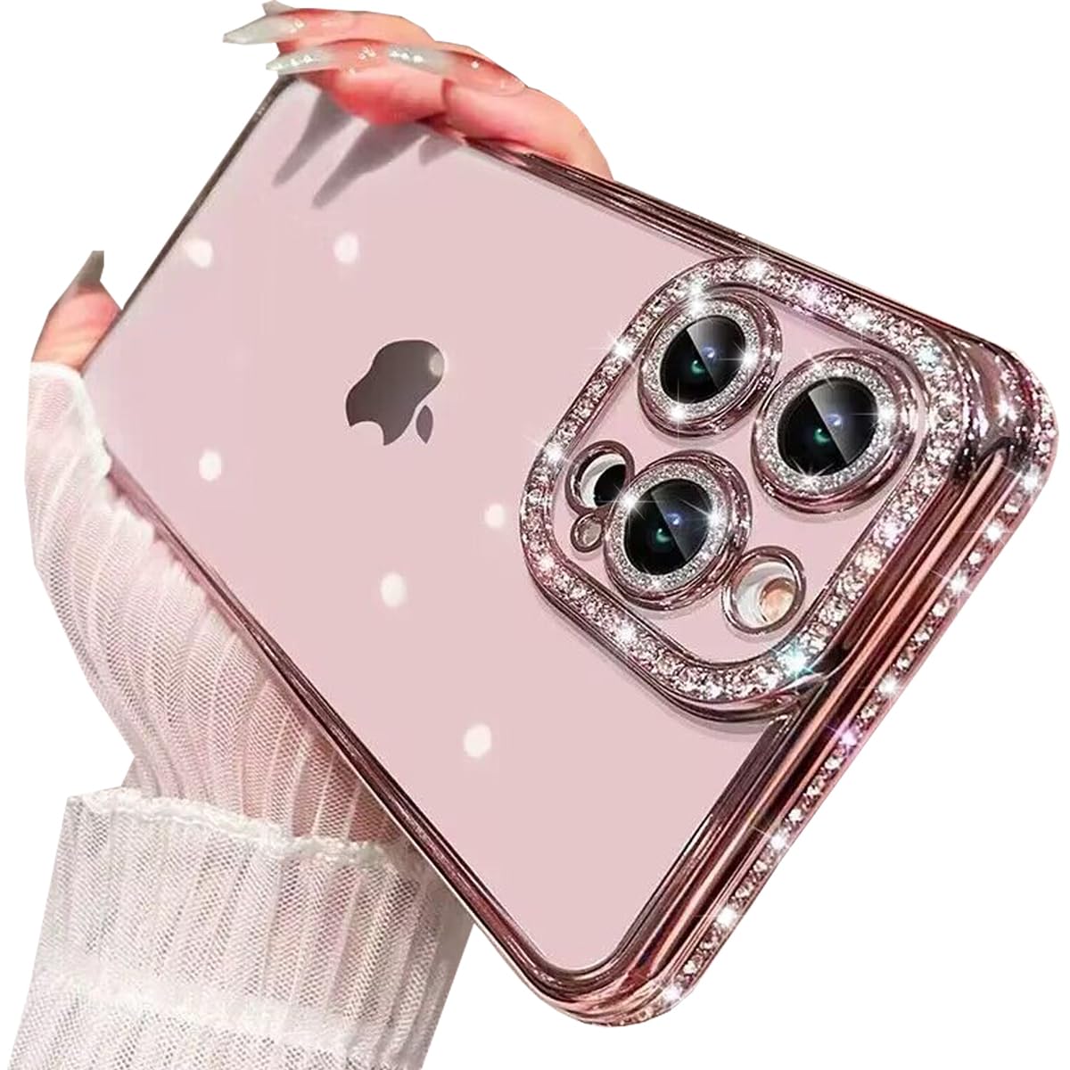 Changjia for iPhone 15 Pro Max Clear Glitter Case, Luxury Bling Sparkly Diamond Rhinestone with Camera Protector TPU Plating Bumper Transparent Slim