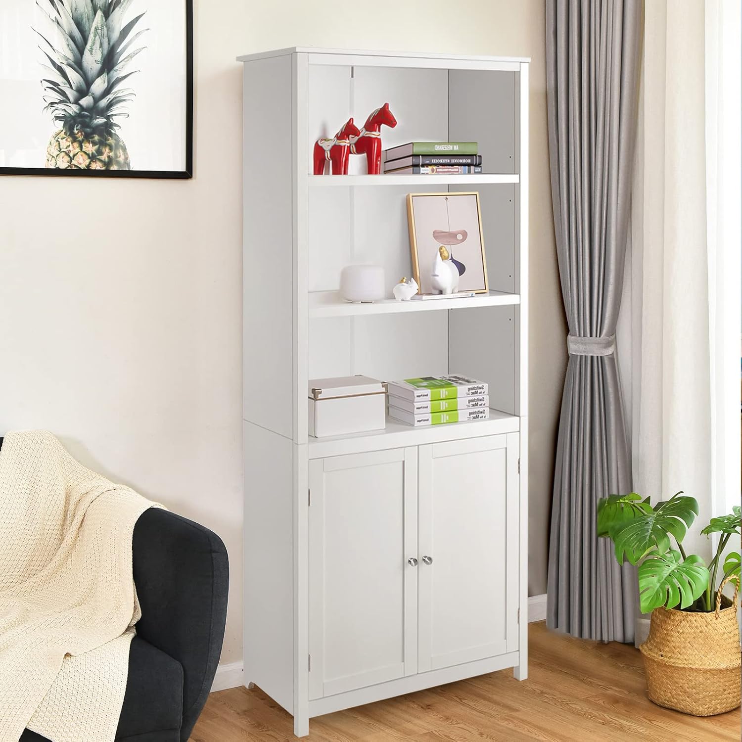 Tangkula Bookcase with Doors, 3 Tier Open Book Shelving, Freestanding Wooden Display Bookcase with Double Doors, Ideal for Home Office Living Room, Library with Doors, White Finish (White)