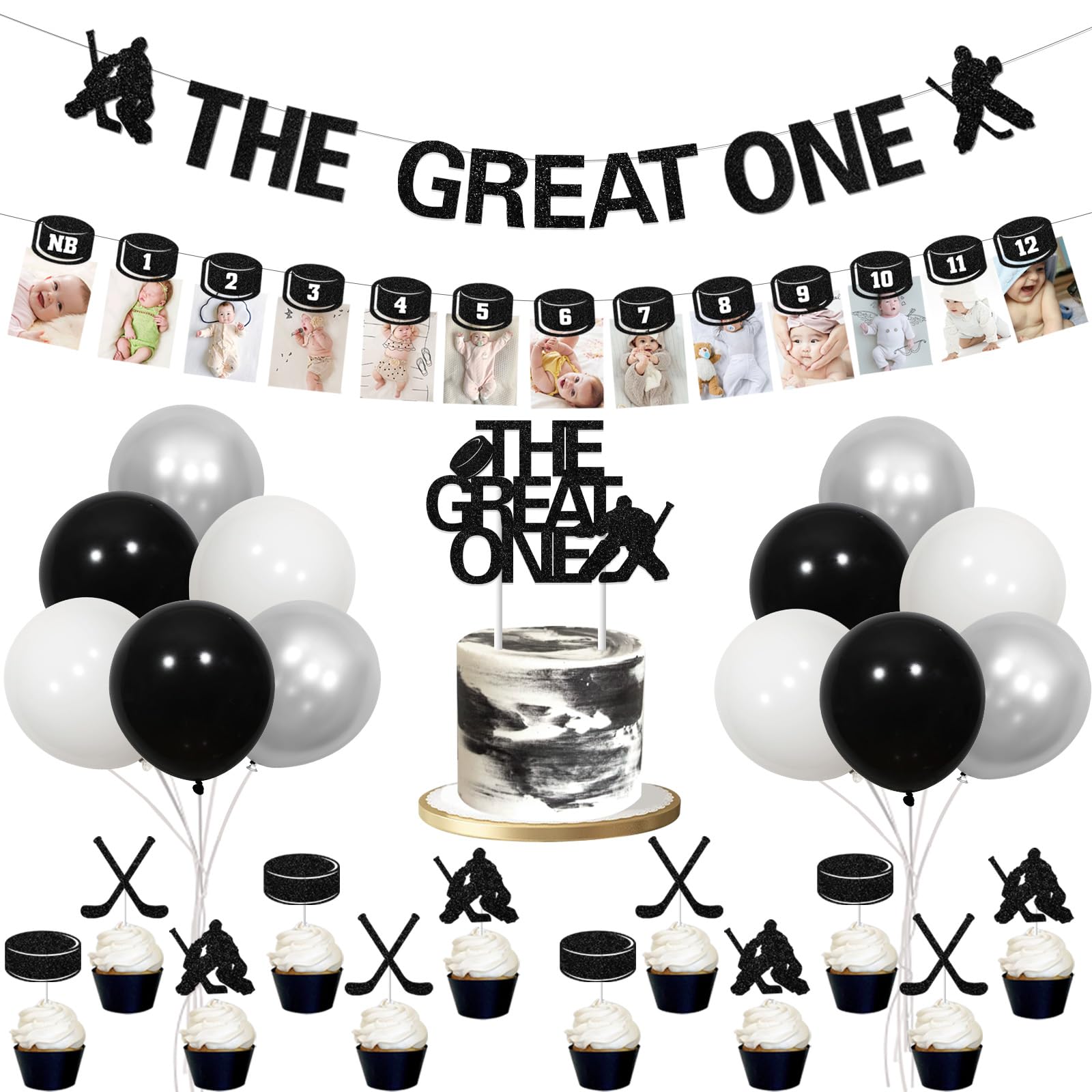 Hockey 1st Birthday Decorations Boys - 1st Birthday Baby Photo Banner for Newborn to 12 Months, The Great One Banner Cake Topper with Cupcake Toppers,