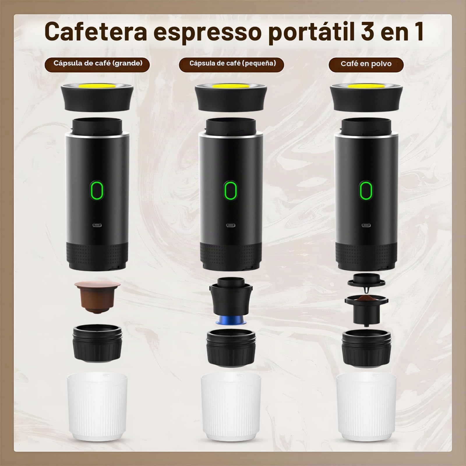 VHV Cafetera Portatil, Cafetera Portátil Cápsula de Espresso 3 en 1, Autocalentamiento de 2a6 Minutos, Para Cápsulas Pequeñas o Grandes y Café Molido,Cafetera Portátil para Oficina y Hogar (Blanco)