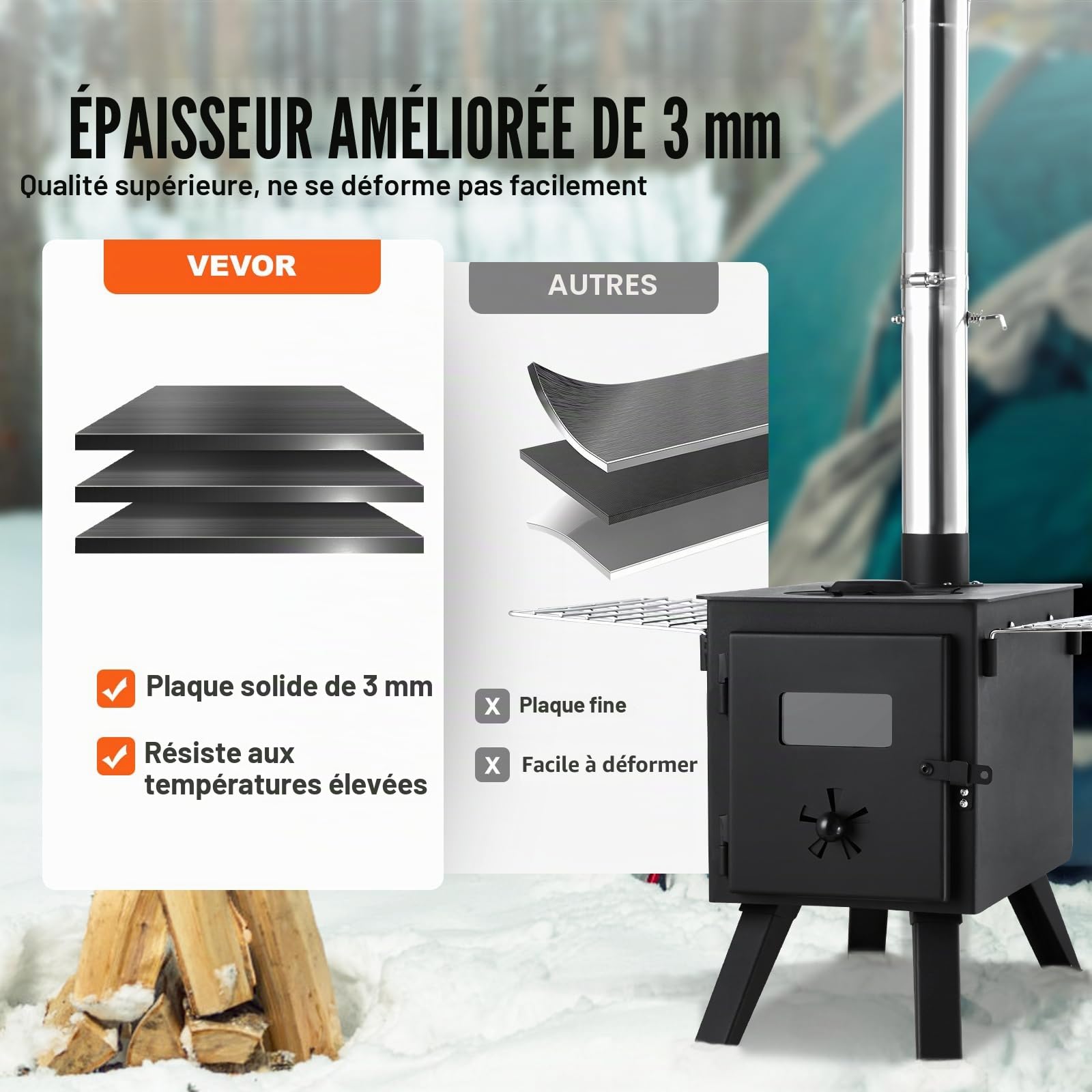 VEVOR Poêle à bois, 86 pouces, poêle de tente de camping en acier allié portable avec 8 tuyaux de cheminée et gants, poêle de tente chaude de 1400 po³ pour la cuisine et le chauffage en plein air