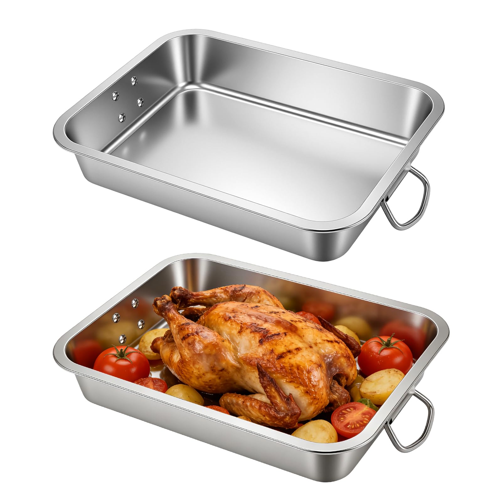 2 bandejas grandes para hornear, de acero inoxidable con asa, 40 cm, bandeja de horno extragrande para carnes grandes, verduras