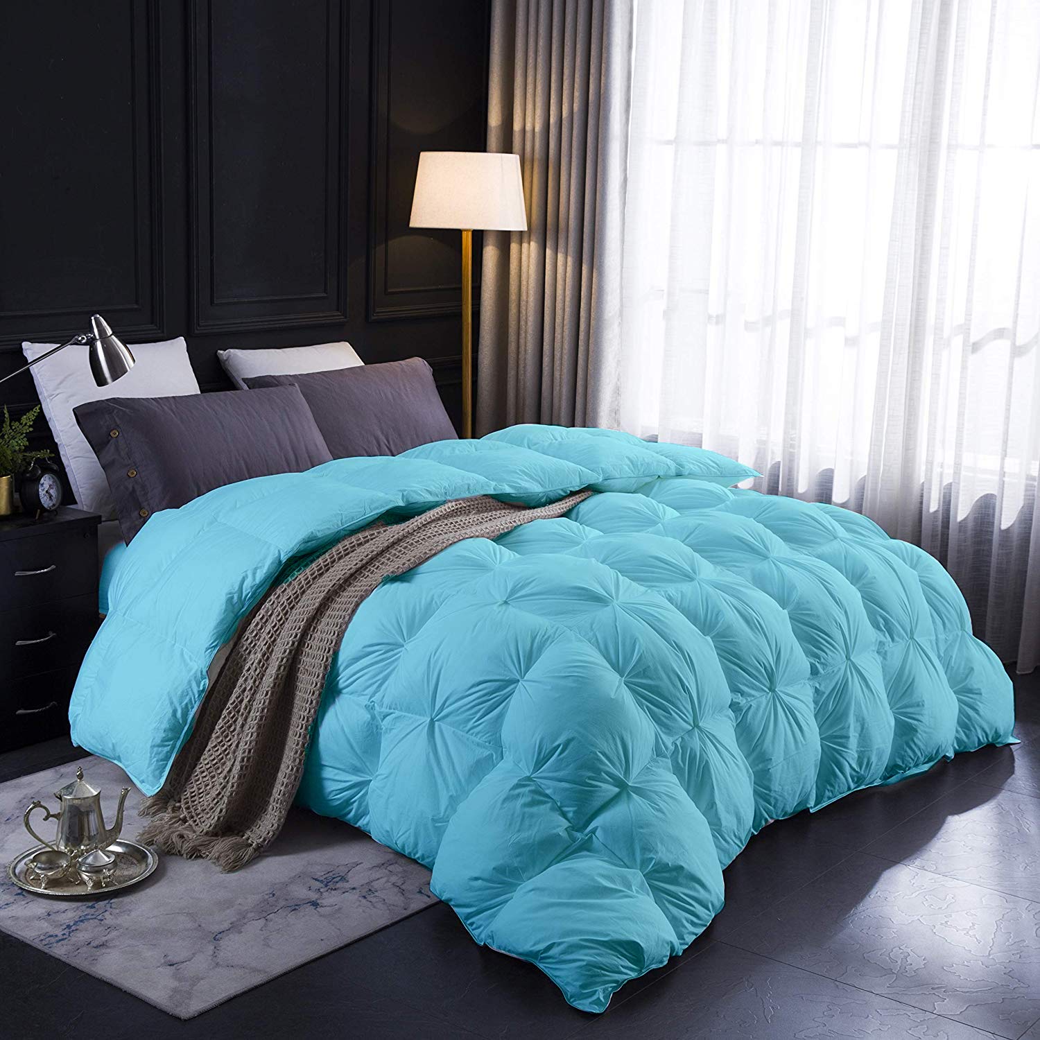 Home Luxury Living Aqua All Season Down Alternative Pintuck Comforter- Grand King Size 106 x 106 Inches 1 pc Pinch Pleated Comforter 600 GSM & 4 - Corner Tabs 100% Egyptian Cotton- Aqua Solid