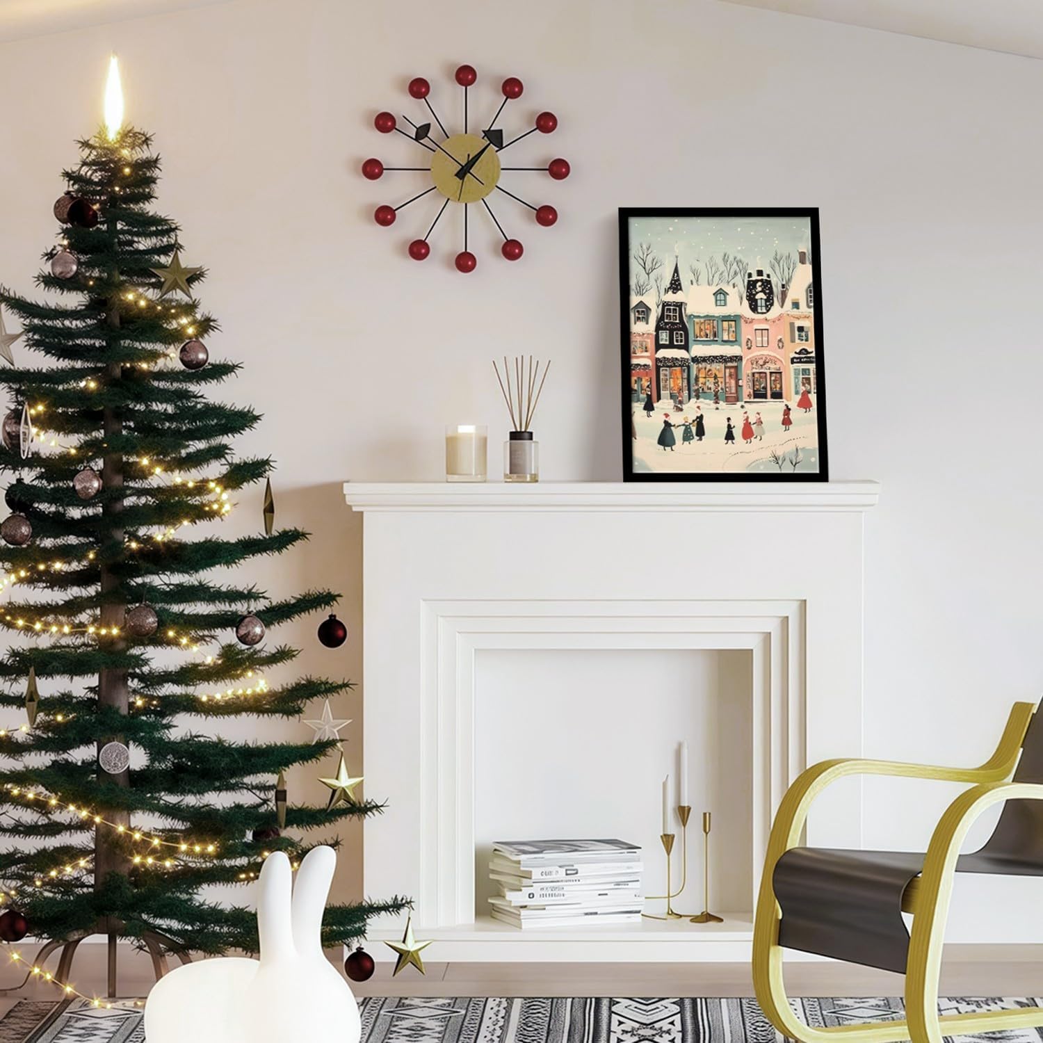 Framed Christmas Street Scene Canvas Wall Art Winter Festival Painting Print Poster Picture Gallery Wall Decor Living Room Bedroom Dining room 16X24 Inch Ready to Hang