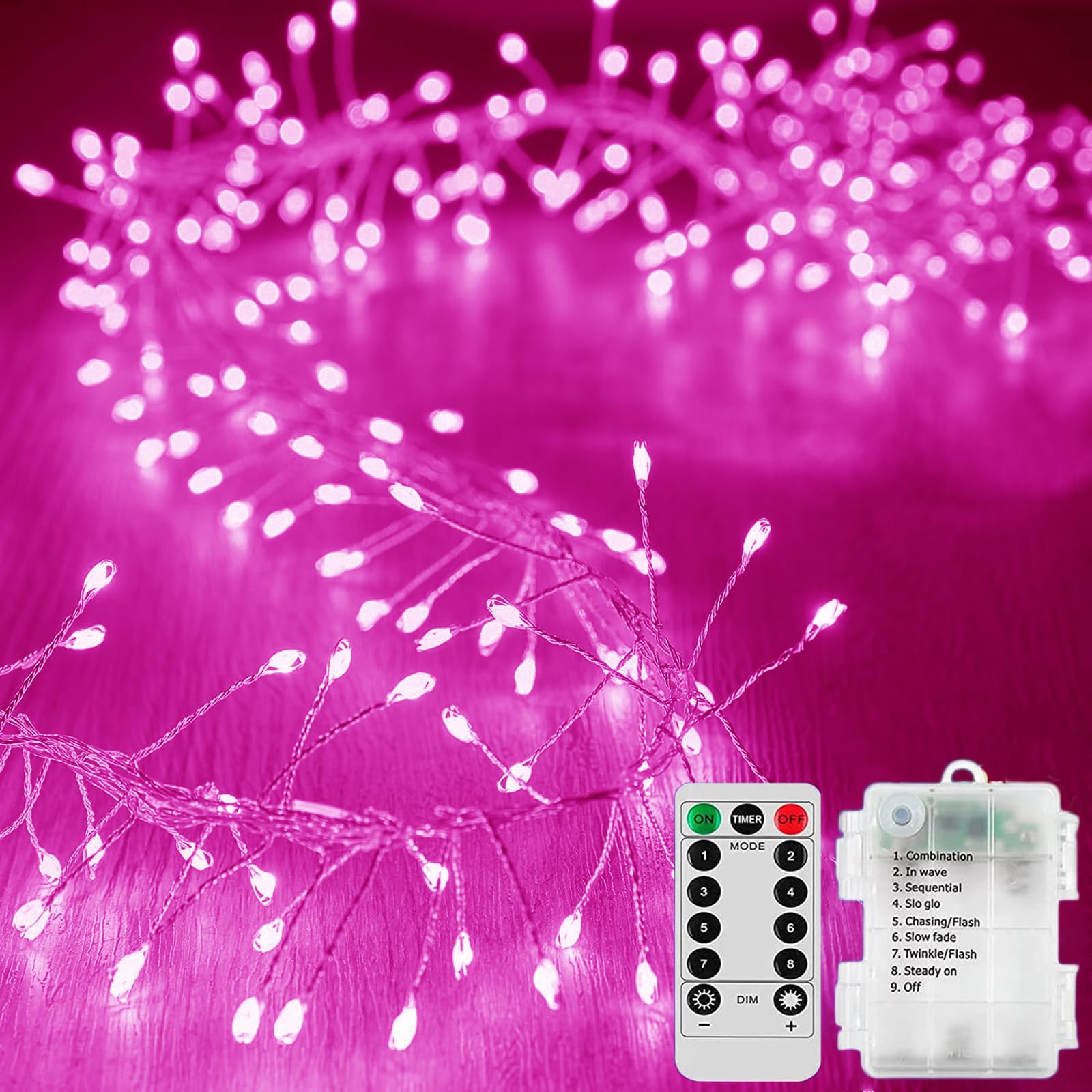 KINGCOO Cluster Fairy Lights, 19.6FT 200LED Silver Wire Firecracker Garland String Lights Battery Operated with Remote Timer for Outdoor Indoor Home Bedroom Wedding Christmas Party Decor (Pink) — image 1
