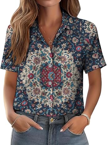 Women Button Down Shirt Casual Boho Shirts Dressy Short Sleeve V Neck Trendy Tops for Women 2025 Summer Womens Business Casual Tops Boho Blue 2XL