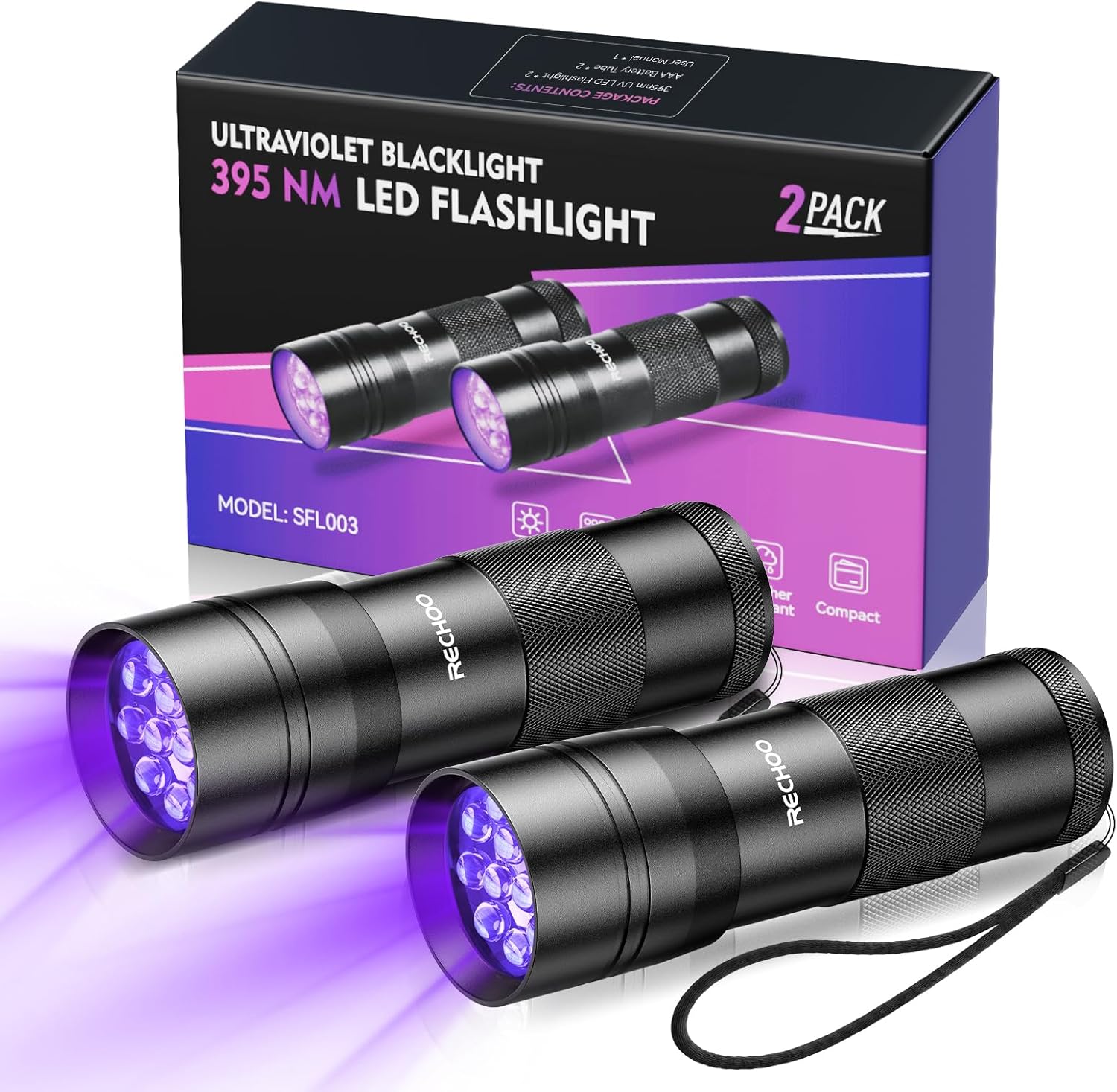 Black Light UV Flashlight 2 Pack, 12 LED 395nm UV Flashlight, Portable Mini UV Light Waterproof, Blacklight for Pet Urine Detection, Dry Stains, Bed Bug, Fluorescent Agent (Batteries not included)