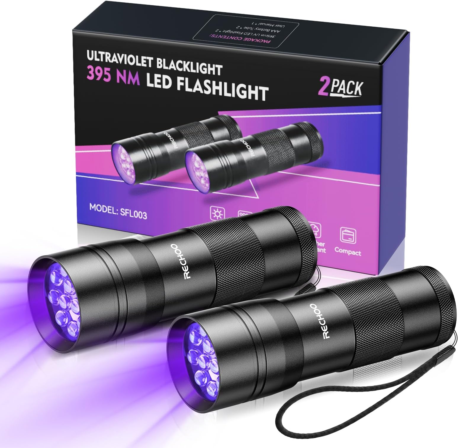 Black Light UV Flashlight 2 Pack, 12 LED 395nm UV Flashlight, Portable Mini UV Light Waterproof, Blacklight for Pet Urine Detection, Dry Stains, Bed Bug, Fluorescent Agent (Batteries not included)