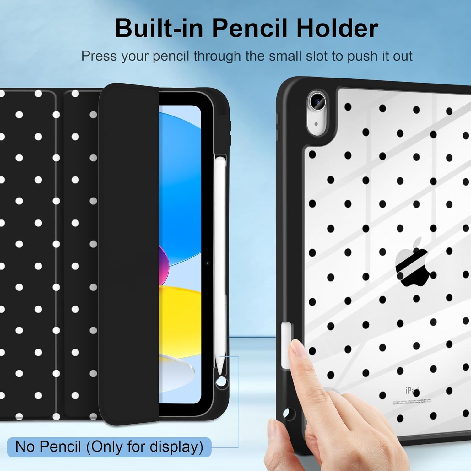 MecBevia Case for iPad 11 inch A16 (2025 11th Generation) / iPad 10.9 inch (2022 10th Gen) A3354, A3355, A3356, A2696, A2757, A2777 – Built-in Pencil Holder & Auto Wake/Sleep, Polka Dot