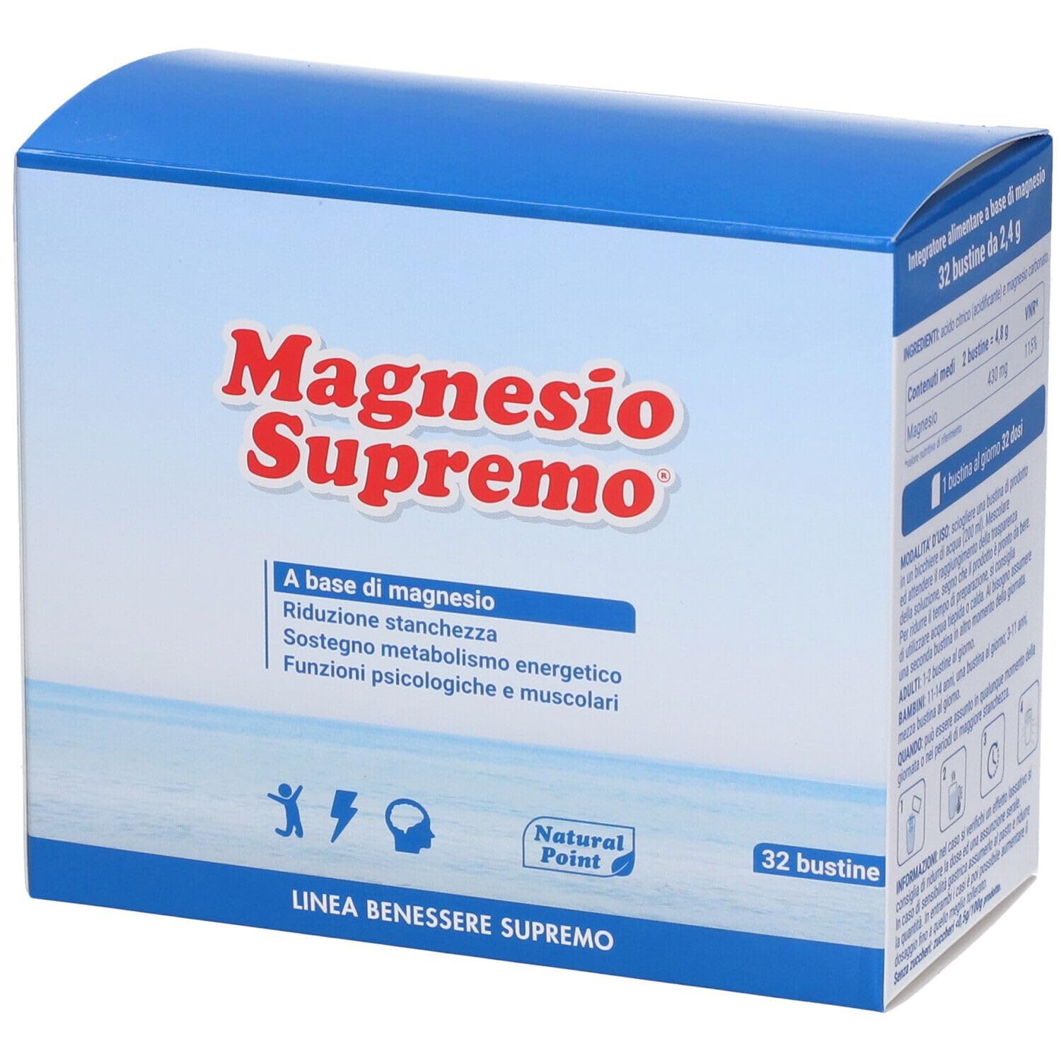 Natural Point Magnesio Supremo, Integratore Alimentare a base di Magnesio 32 Bustine, 76.8 g