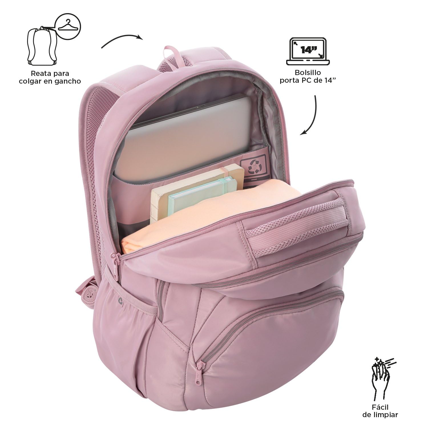 TOTTO - Mochila para Ordenador Portátil 14 Pulgadas, Modelo Tracer 4, Mochila Eco-Friendly, 3 Compartimentos, Cremallera con Argolla para Candado, 2 Bolsillos para Botella, Color Keepsake Lilac