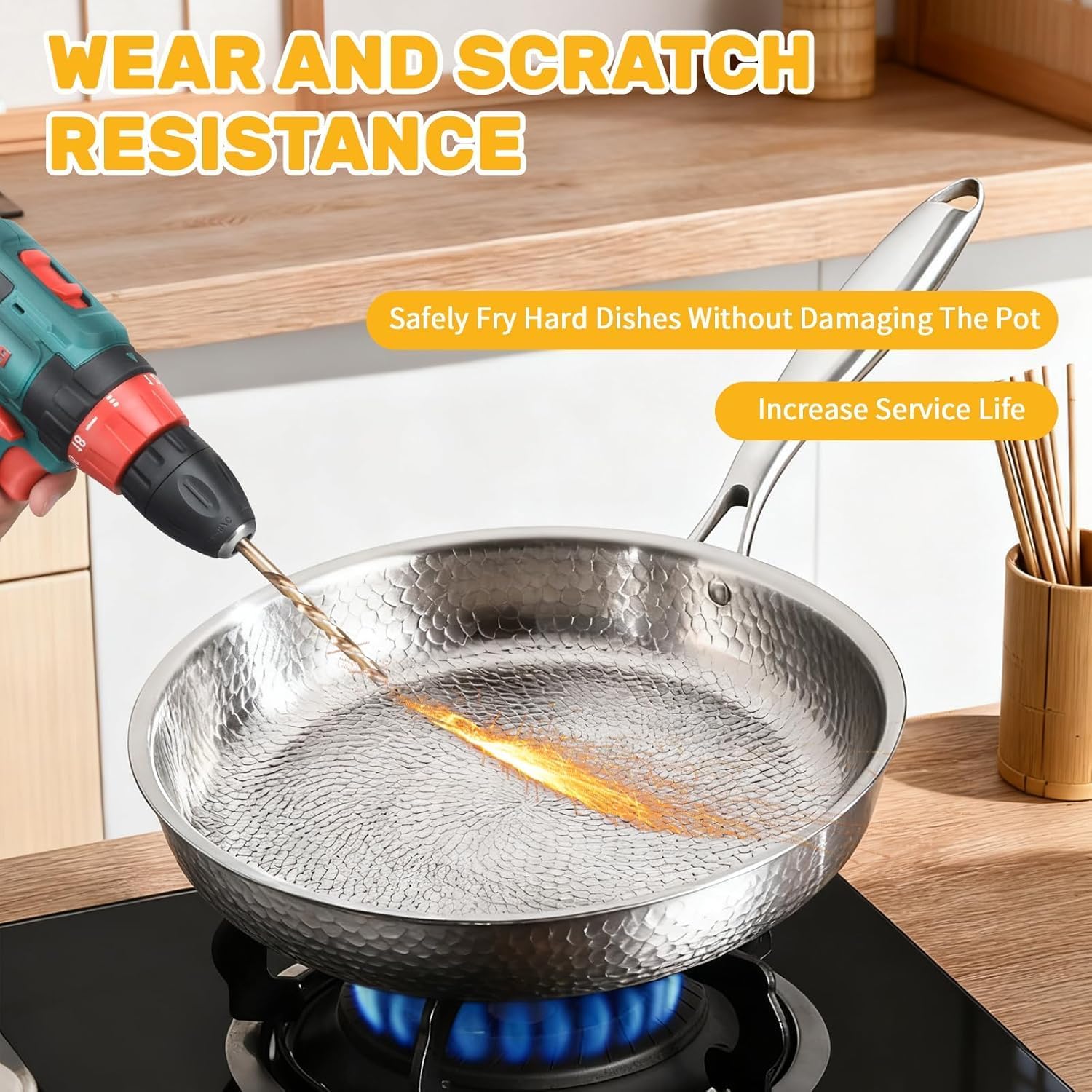 Pure Titanium Pan 28cm Titanium Hammered Pattern Fry Pans for Cooking, Scratch-Resistant Non Stick Dishwasher-Friendly Hammered Pan Pro with Lid, Compatible with All Cooktops (28 cm)