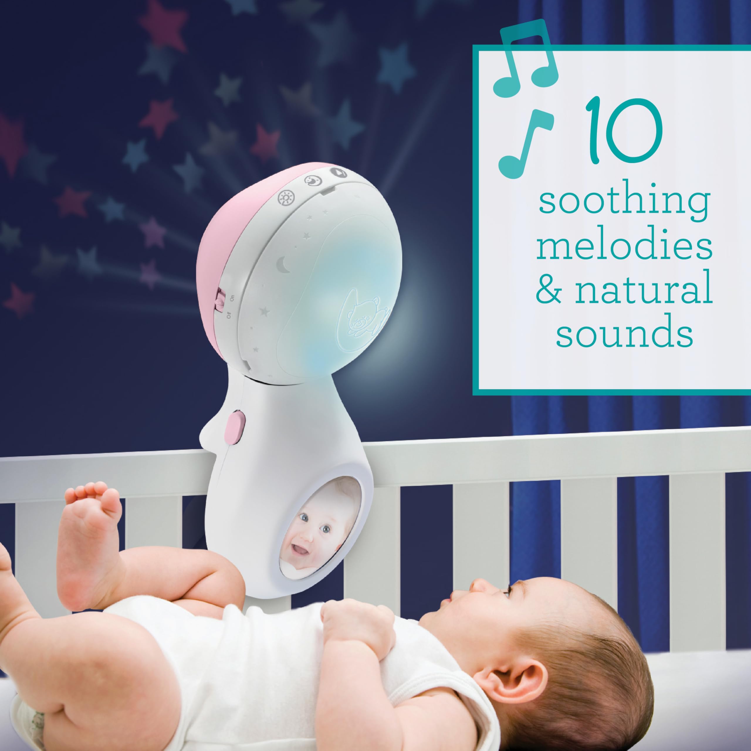 Infantino Proyector Musical Móvil 3-en-1 Convertible, Luz Nocturna y Proyector Infantil para Cuna, Modo Despertador para Simular la Luz del Día, 6 Melodías & 4 Sonidos de la Naturaleza, Rosa