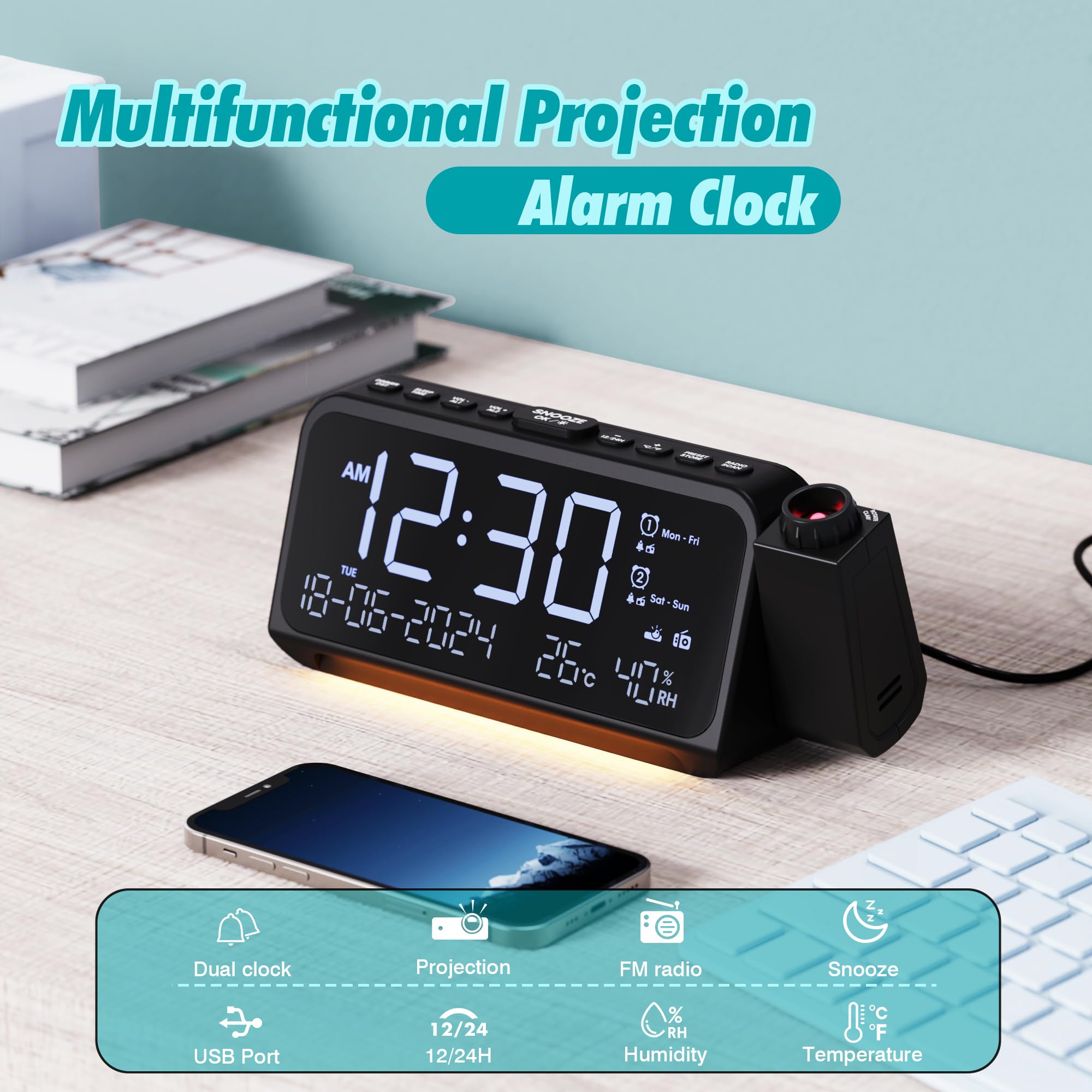 Mesqool Radio Réveil Projecteur de Plafond avec Projecteur 320°, Mode Jours Ouvrables/Week-End, 2 Alarmes, Chargeur USB de Type C, FM, Variateur d'intensité, Température, Humidité, Snooze, 12/24H