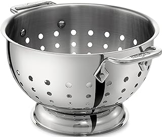 All-Clad Tools and Accessories Stainless Steel Colander 5 Quart Strainer, Pasta Strainer with Handle, Pots and Pans Silver